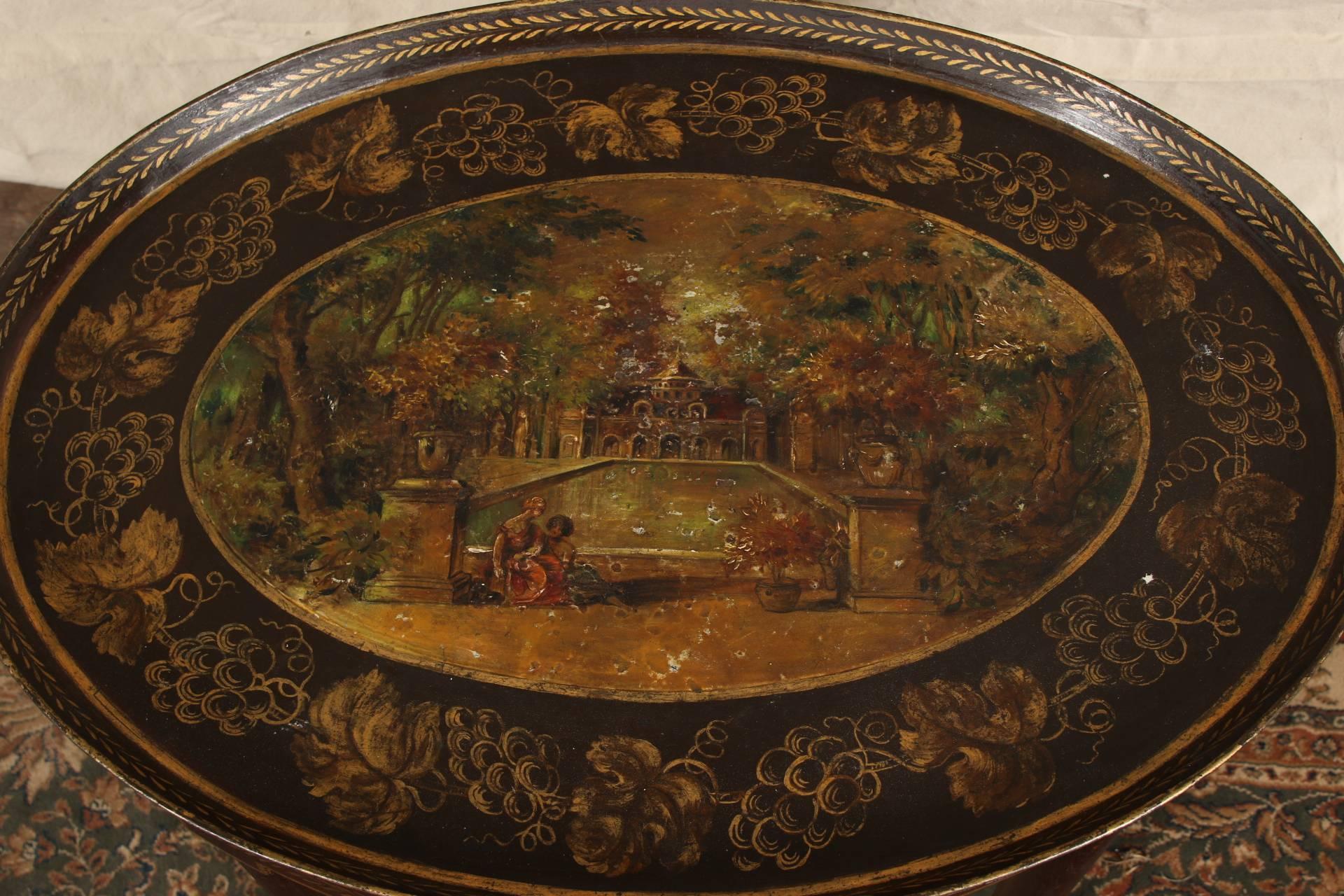 Italian Antique Painted Toleware Tray on Stand