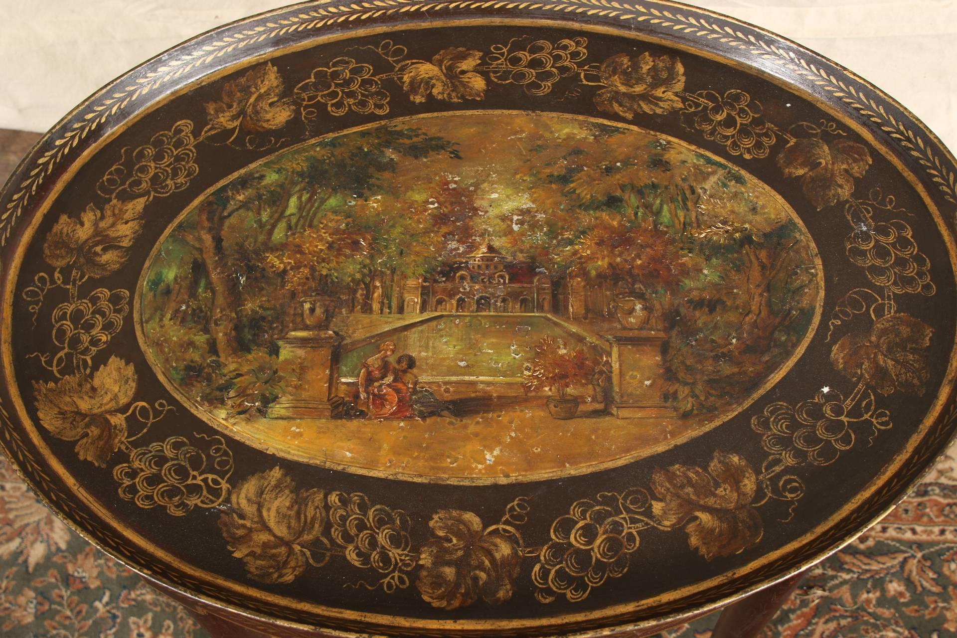 19th Century Antique Painted Toleware Tray on Stand