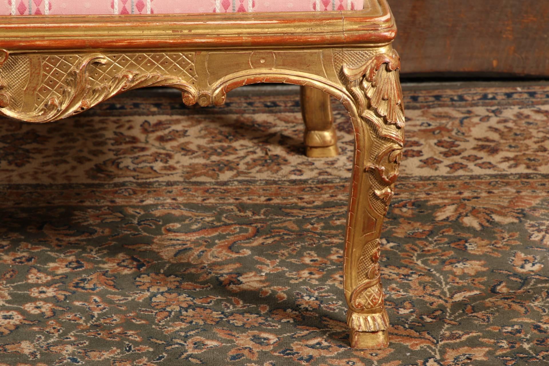 Fabric English Rococo Style Carved Bench