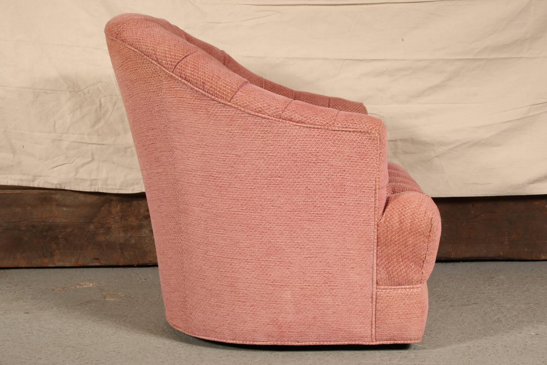 Mid-Century Modern Pair of Pink Upholstered Swivel Club Chairs