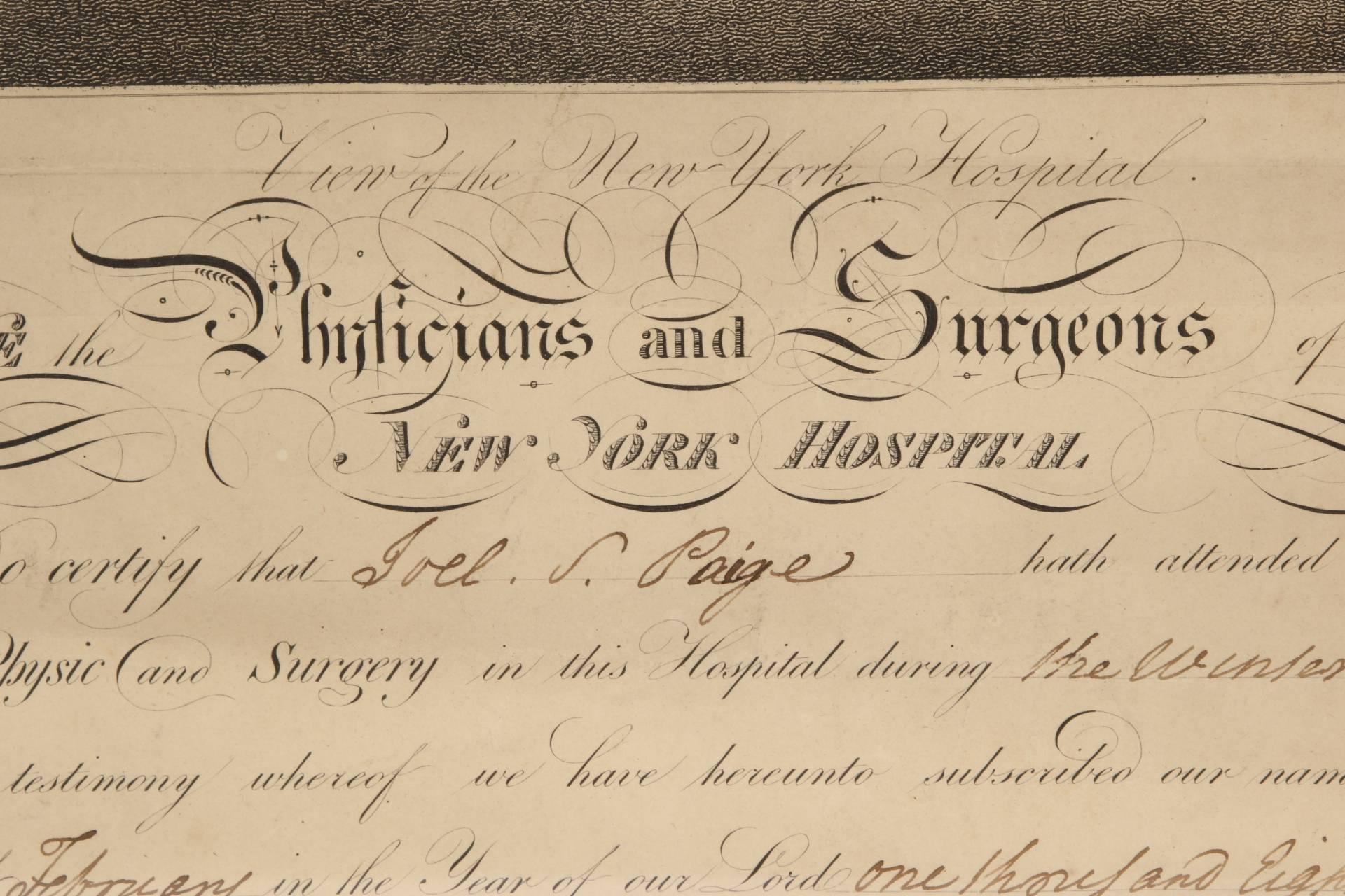 American Classical Early 19th Century Medical Document from New York Hospital with Engraving