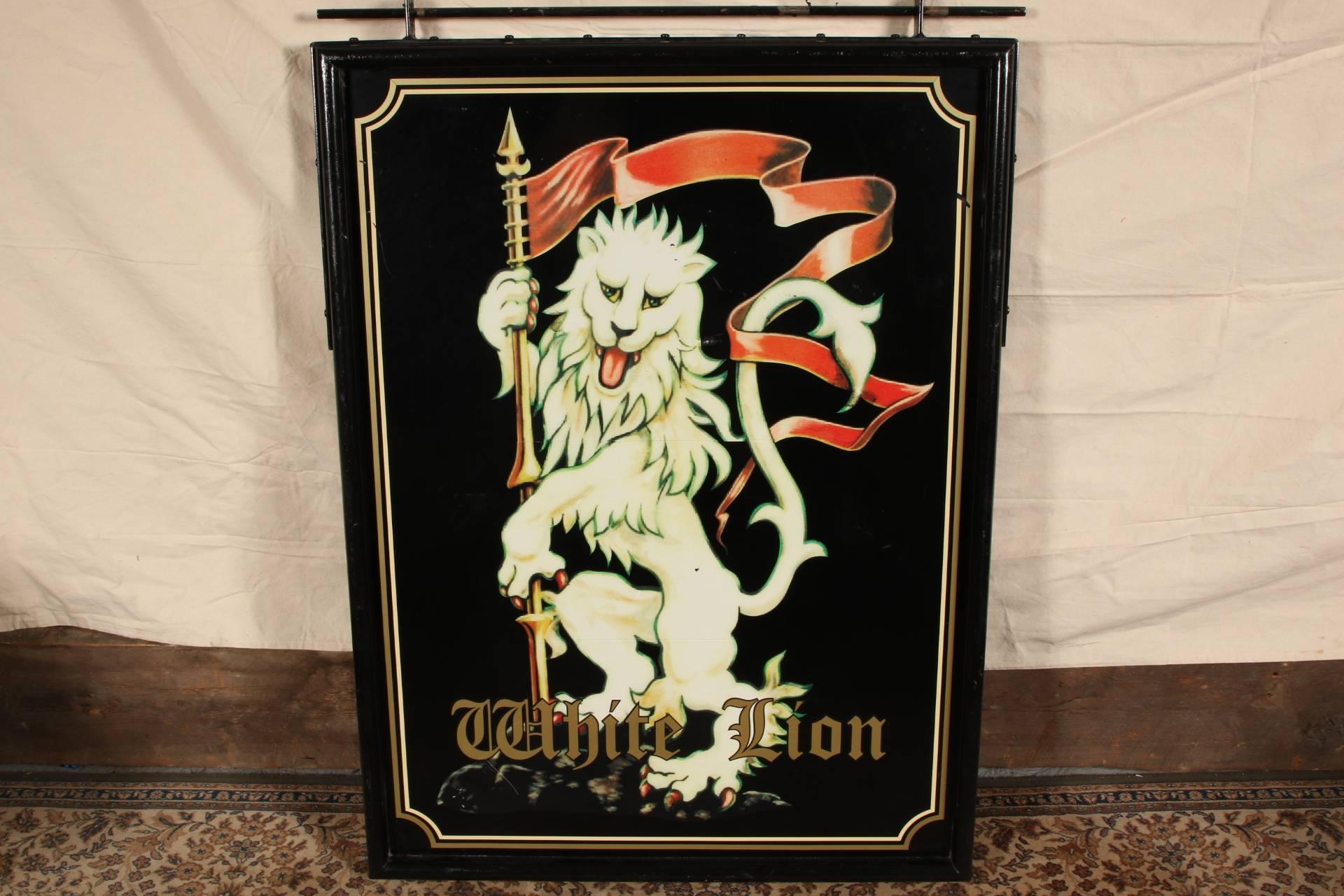 Metal double-sided sign with applied lion decal. Likely came from a pub or bar.
Condition: shows some wear due to outdoor usage.