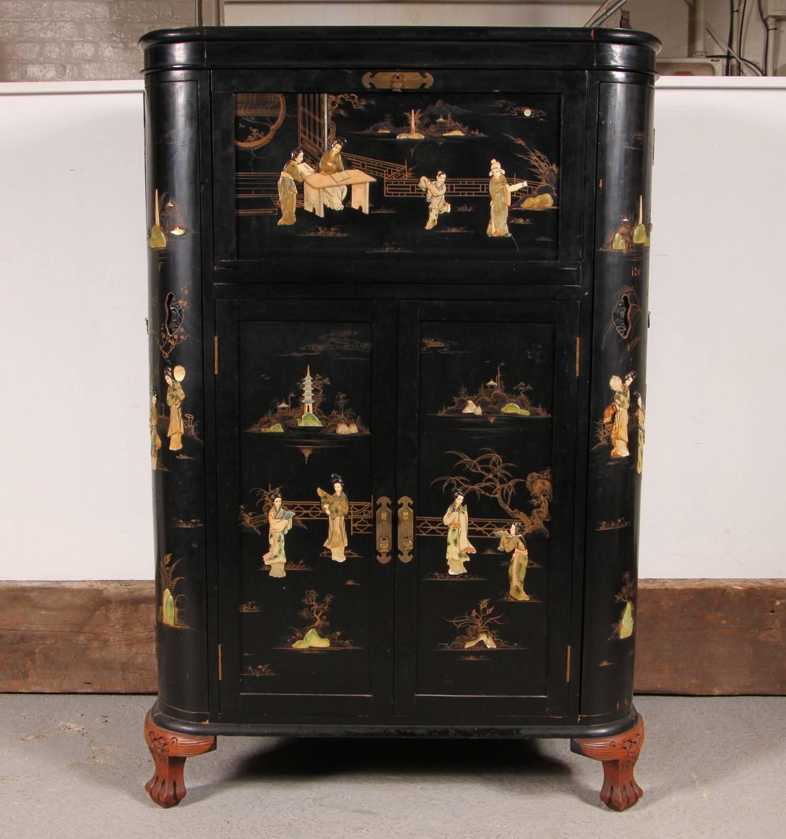Hollywood Regency Vintage Inlaid Chinoiserie Bar Cabinet
