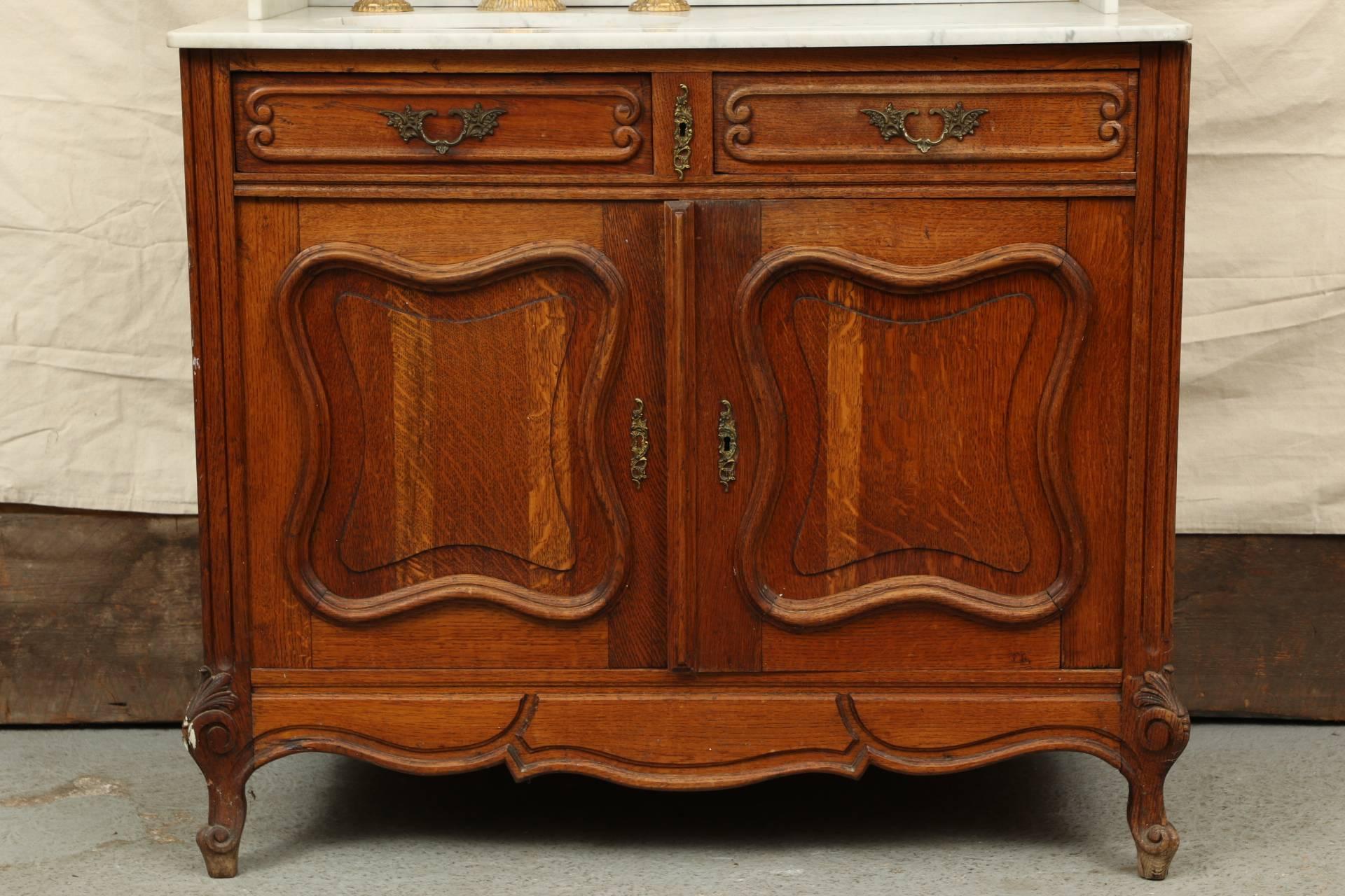 European Antique Continental Oak and Marble Vanity
