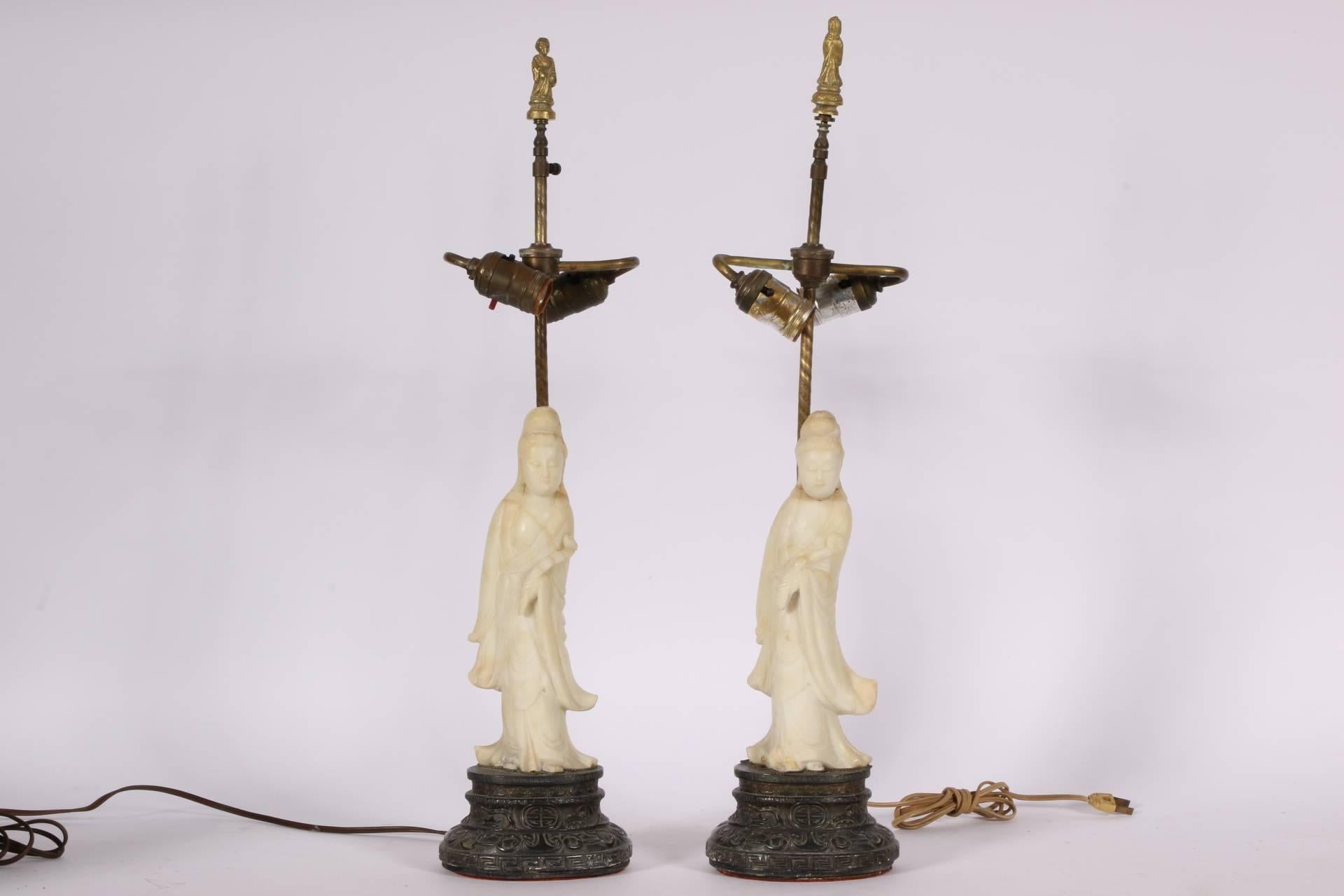 Asian Pair of Quan Yin Figures Mounted as Lamps