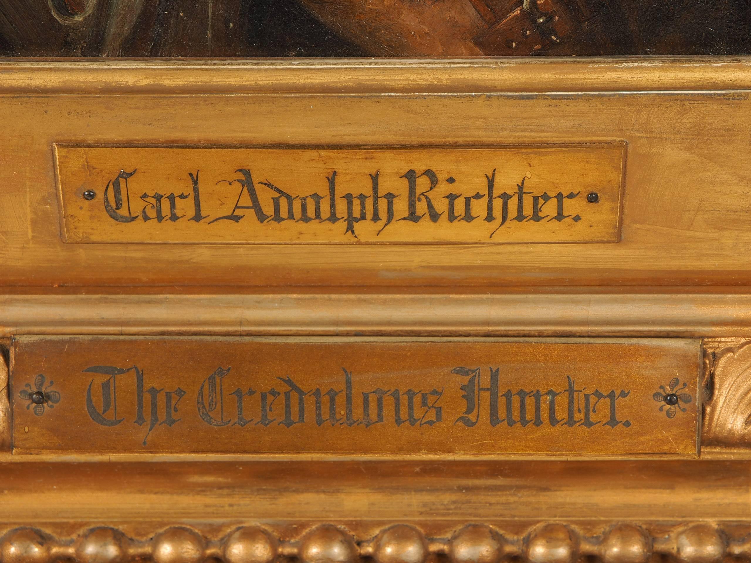 Signed, Carl Adolf Richter, Munchen lower right. Plaque on the frame with the title. A tavern scene run by monks, with a group of figures in discussion at a table with the hunter and his rifle. In a heavily carved gilt frame.
Sight measurement: