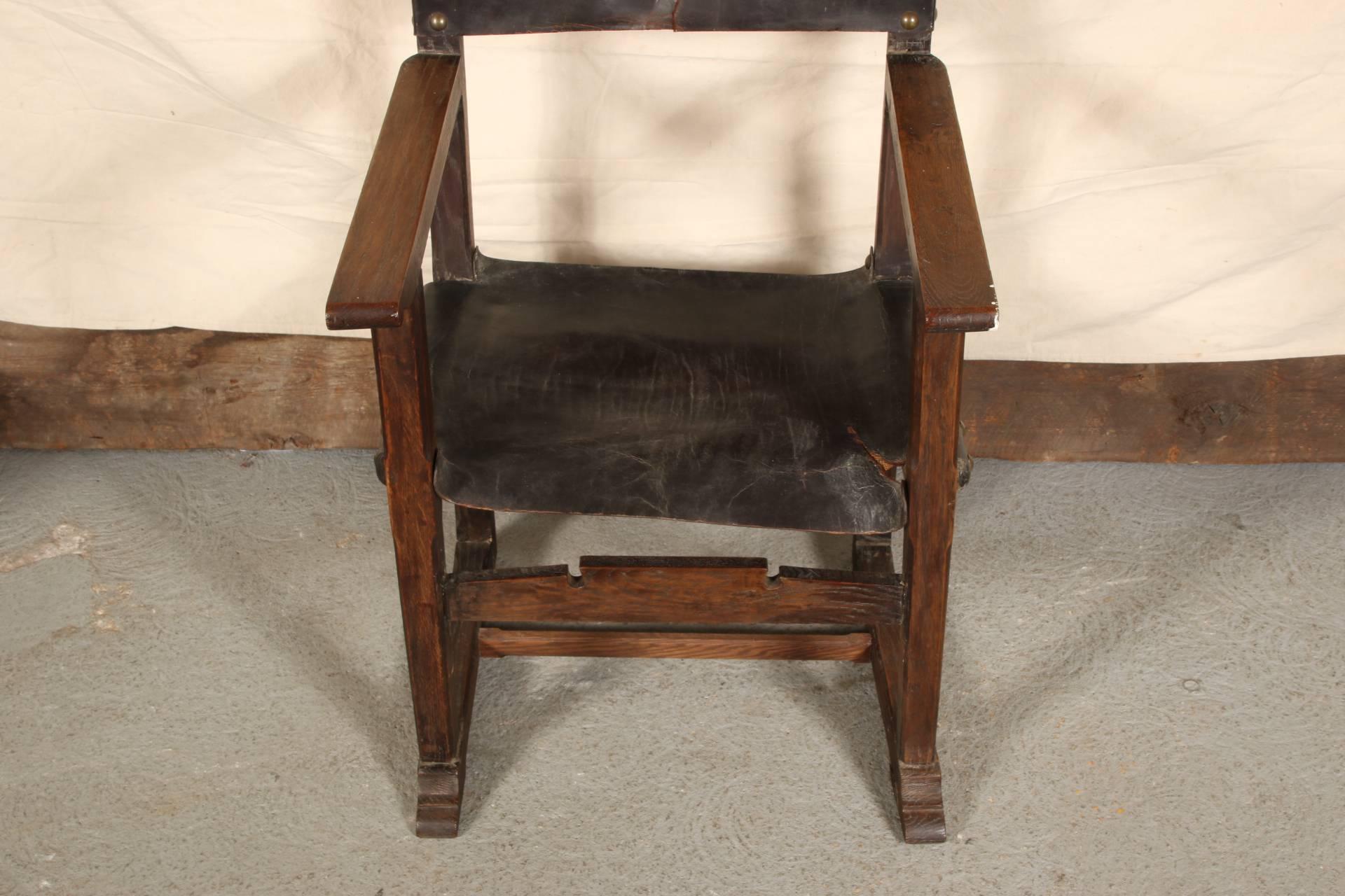 Set of Eight Arts & Crafts Oak and Leather Chairs 2