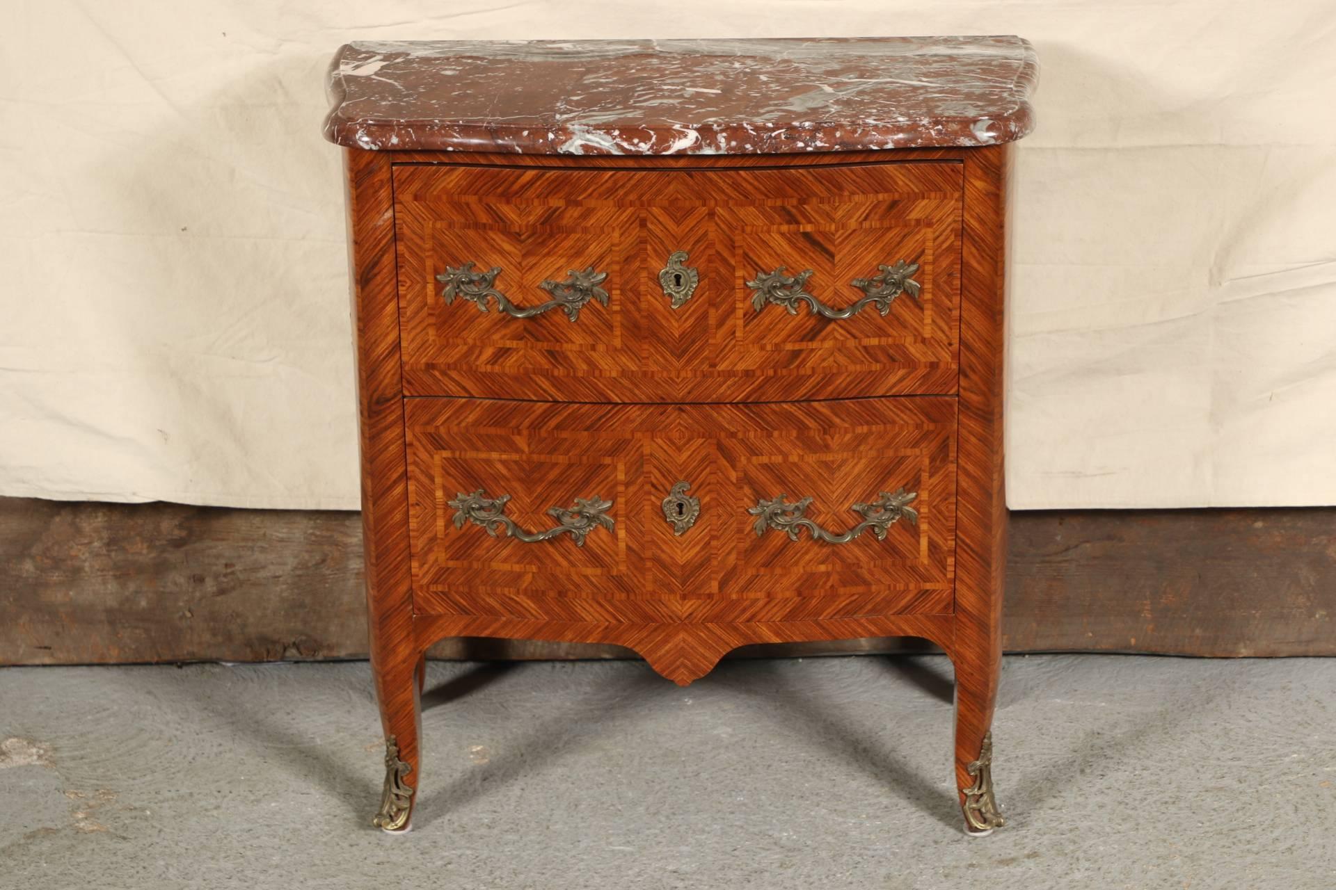 Pair of 1920s Parquetry Marble-Top Commodes 2