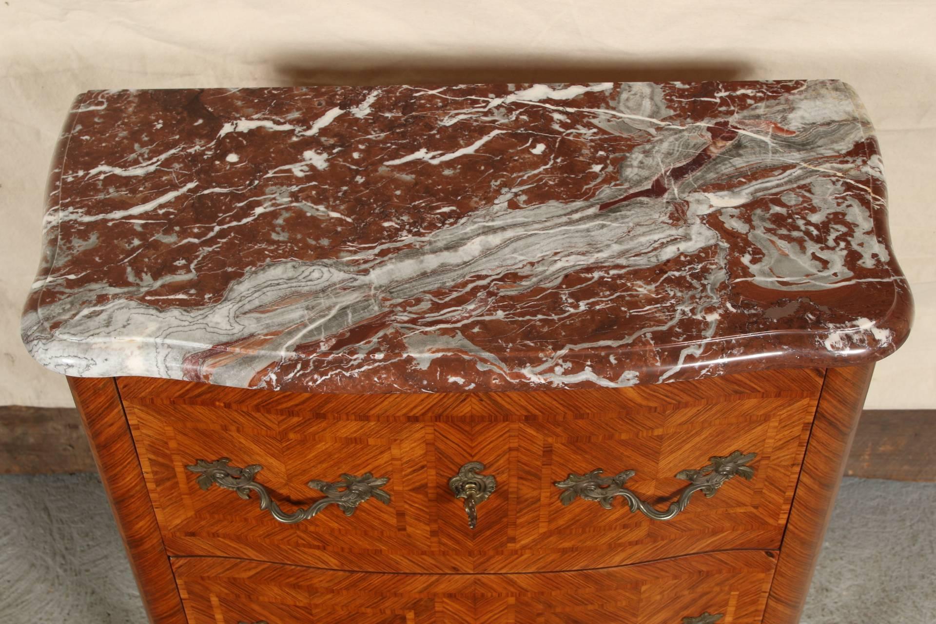 Bronze Pair of 1920s Parquetry Marble-Top Commodes