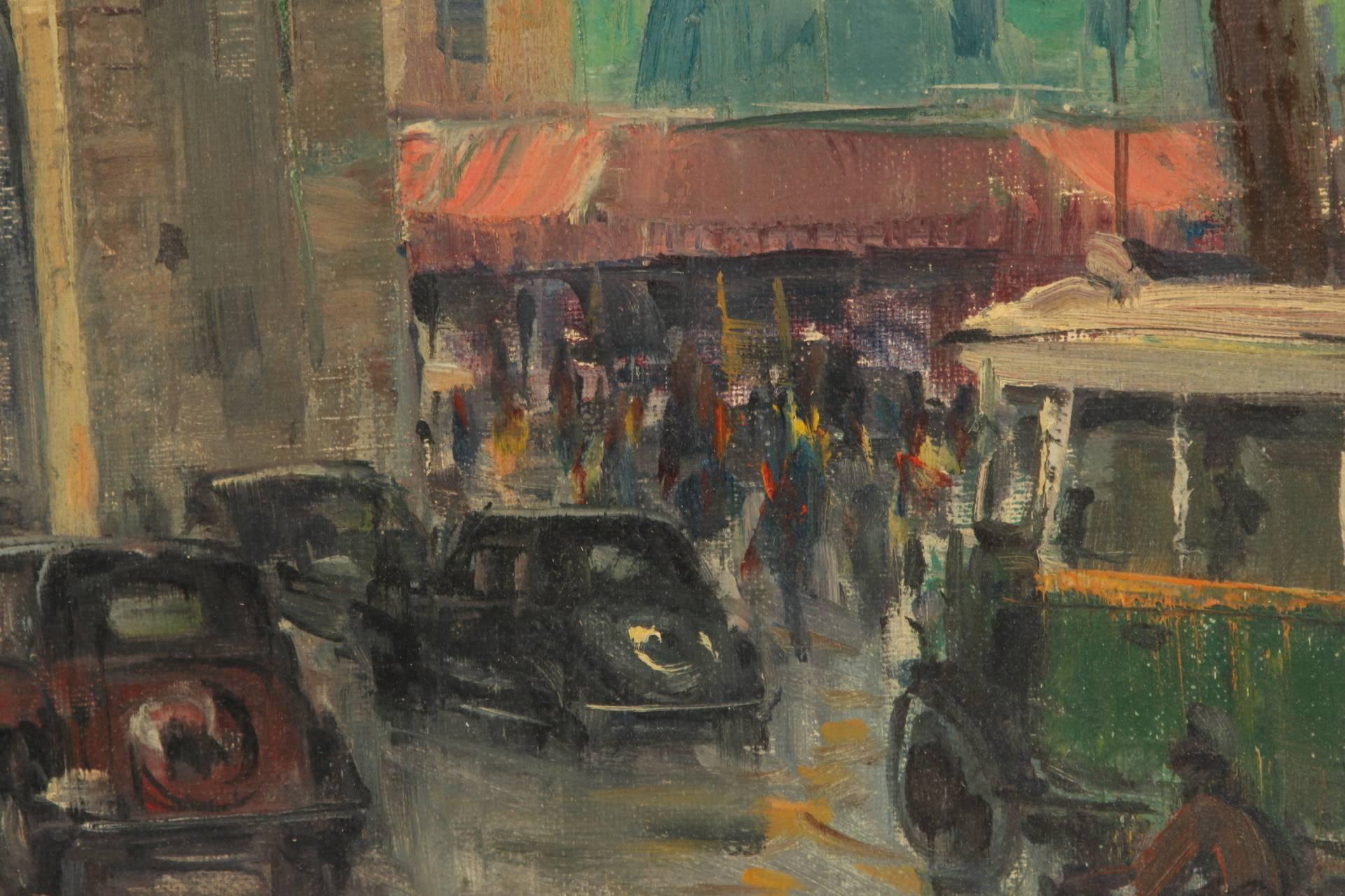 Mid-20th Century Jean Salabet Oil on Canvas of Paris Street Scene