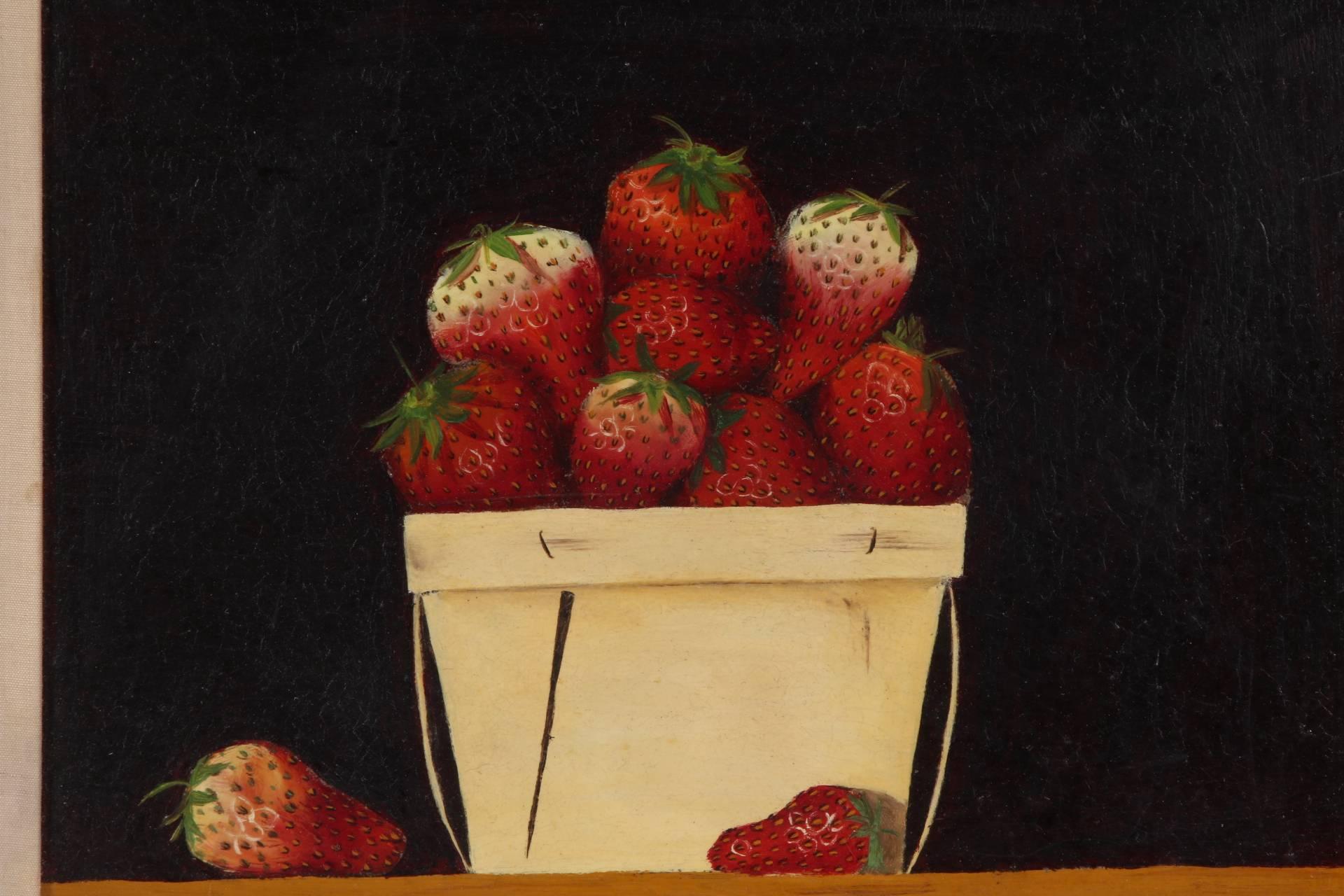 A basket of strawberries on a tan shelf with a dark brown background with a crackle surface. Signed S. Lipton S. lower right. Board measures 7.25 inches by 9 inches.