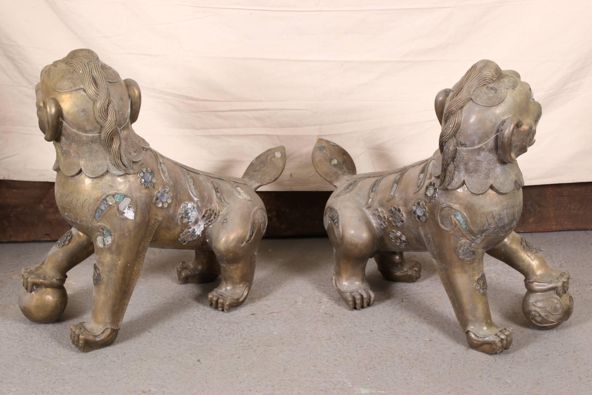 Pair of Tibetan Bronze Guardian Lion Figures For Sale 2