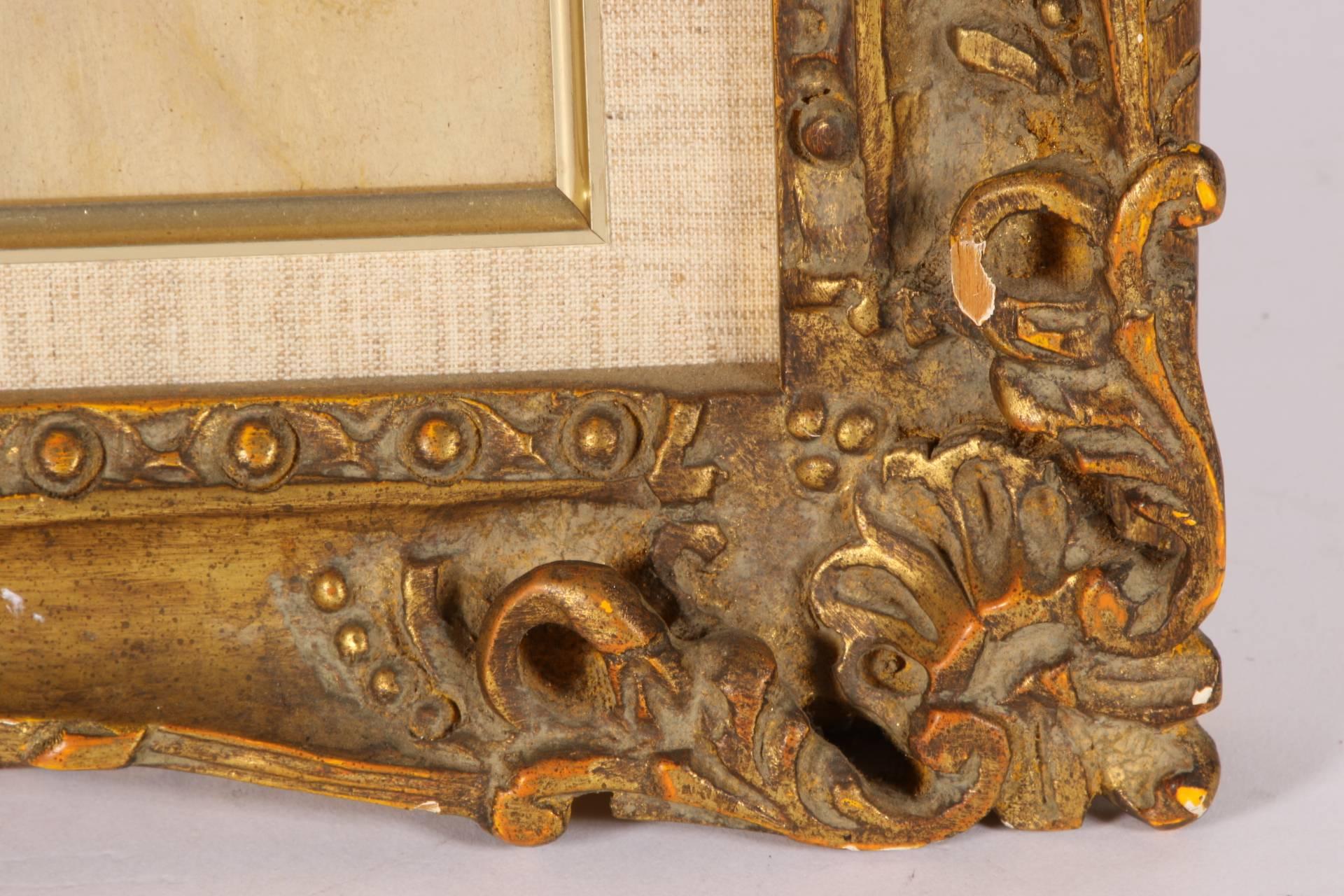 Smiling female semi-nude figure leaning on a column support. Signed lower left. Copy of the Benezit Dictionnaire entry for the artist on verso of the carved and gilt frame. 
Condition: very good with a small worn patch to the right of the torso.