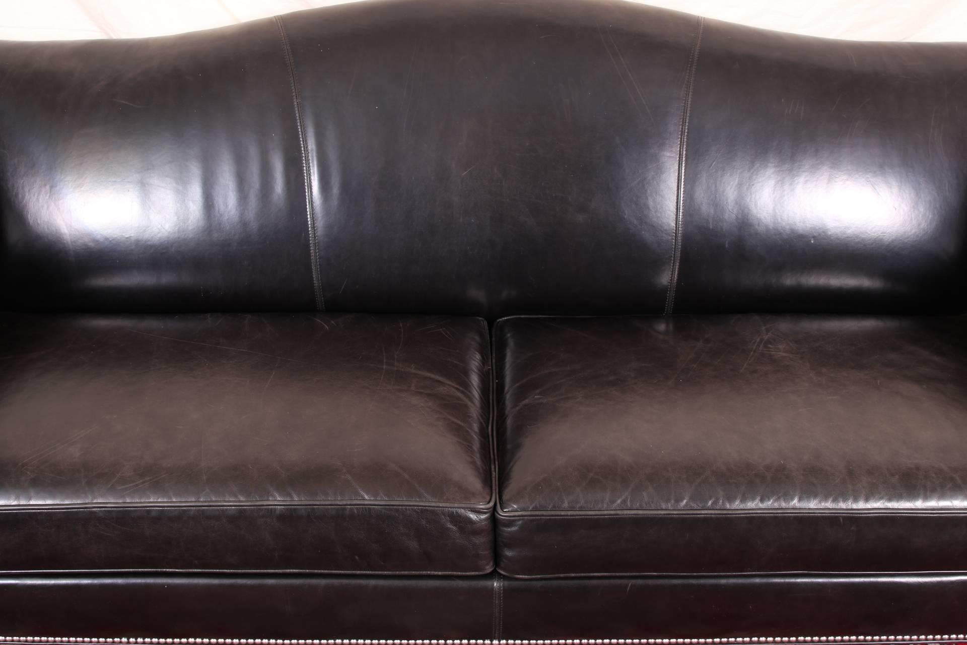 Mid-Century Modern Camel Back Black Leather Sofa