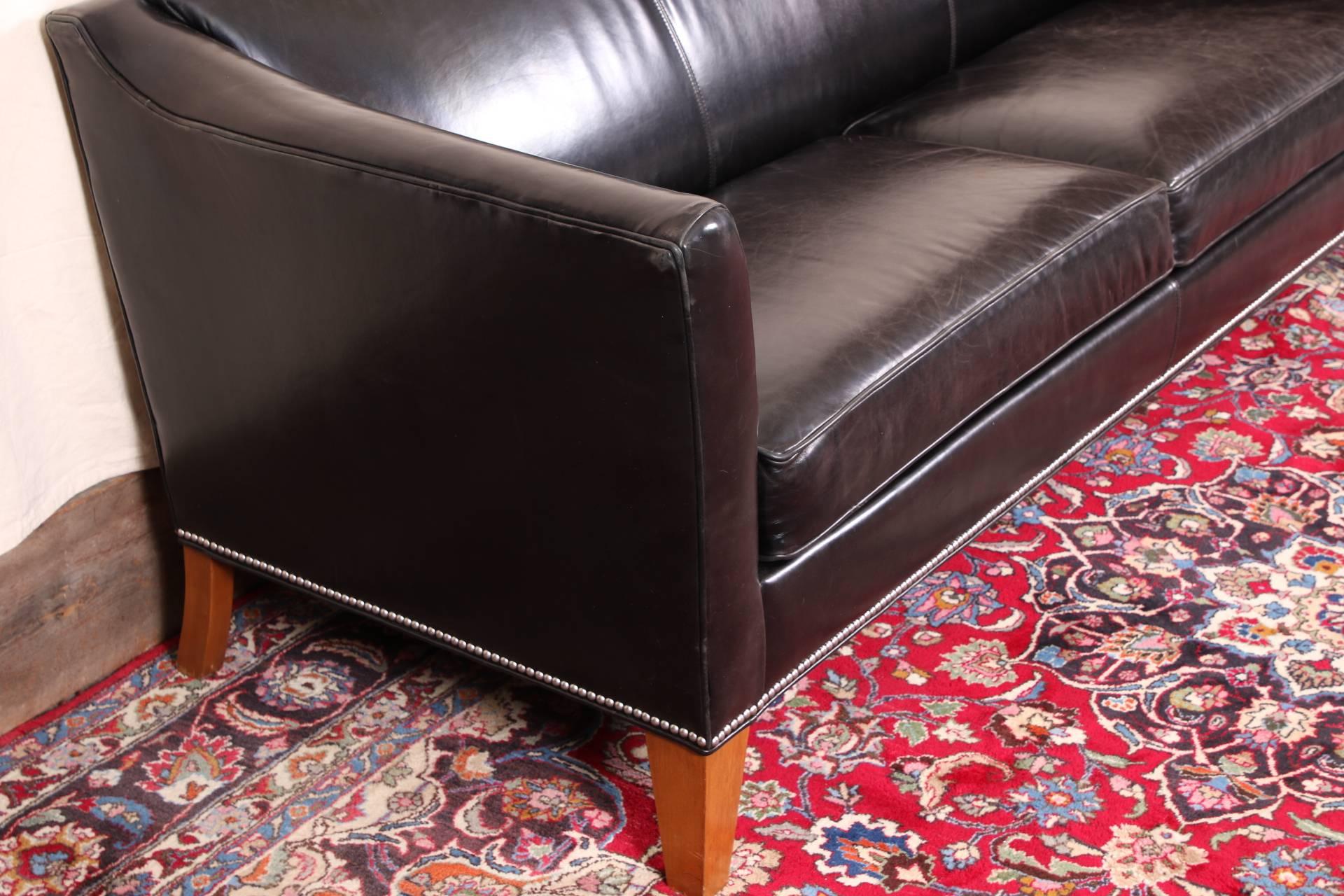 20th Century Camel Back Black Leather Sofa