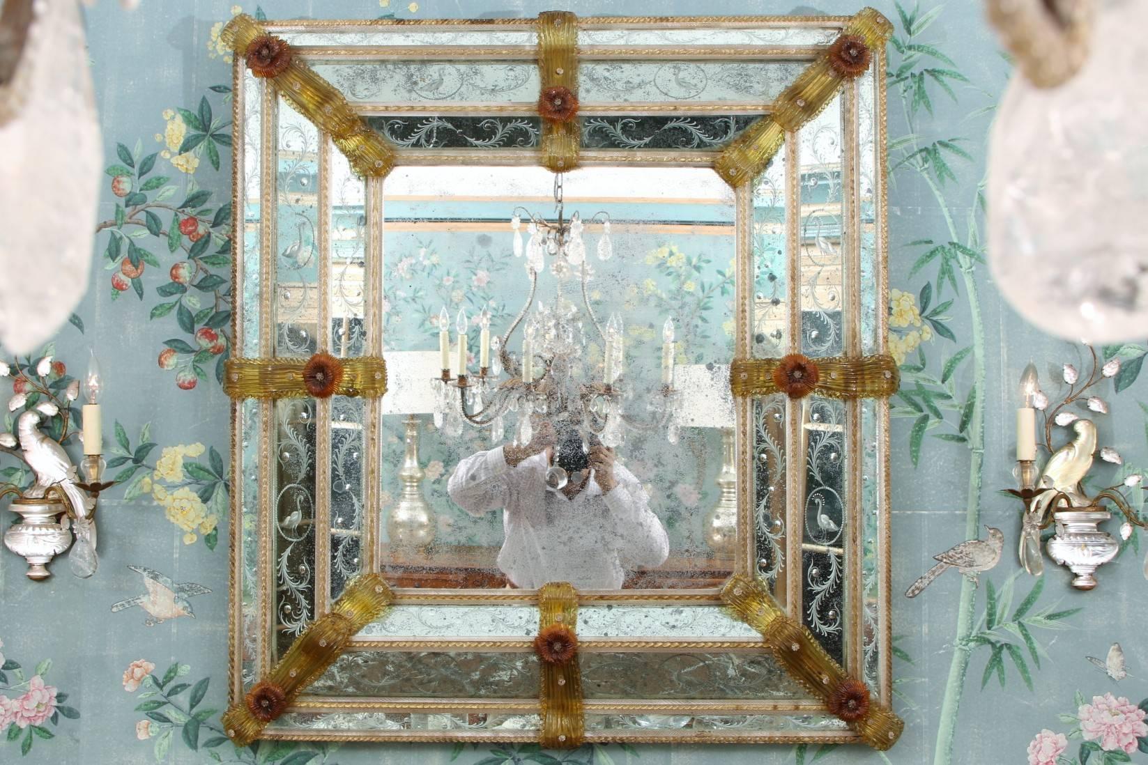 Hollywood Regency Massive 19th Venetian Glass Mirror with Overall Etched and Applied Decoration