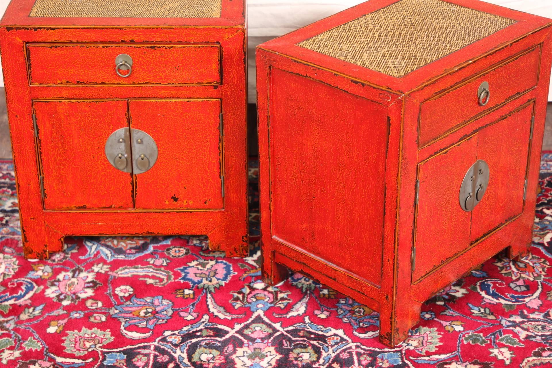 Chinese Export Pair of Oriental Red Lacquered Cabinets
