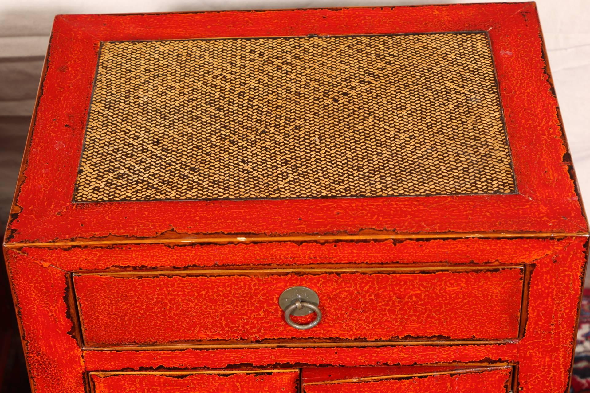 Asian Pair of Oriental Red Lacquered Cabinets