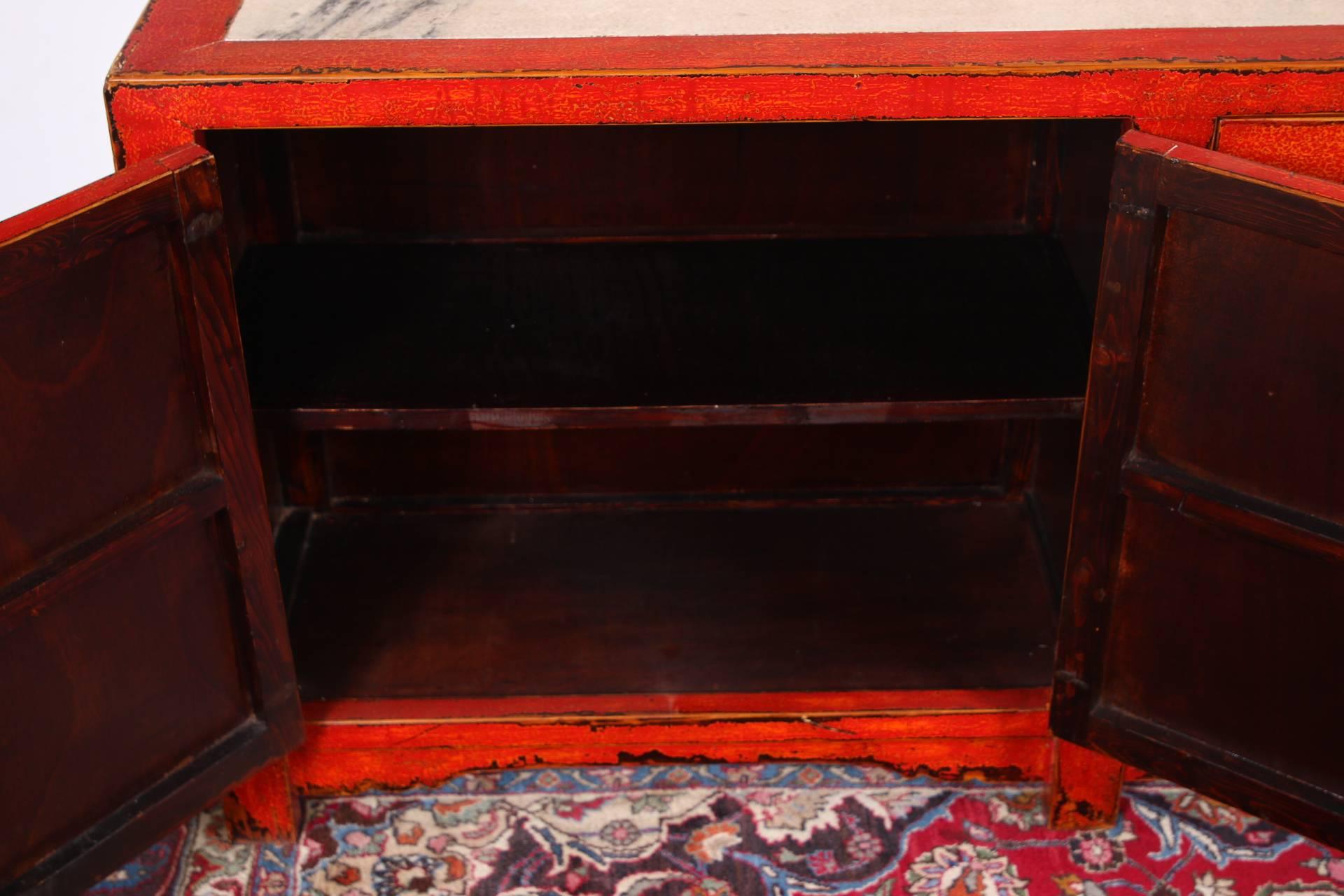 20th Century Red Lacquered Marble-Top Chinese Storage Cabinet