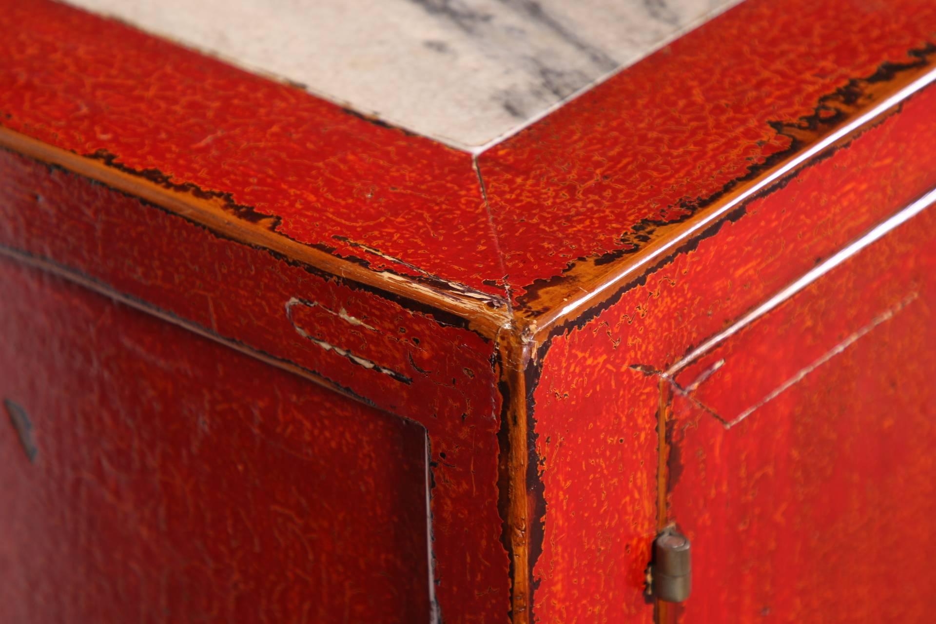 Red Lacquered Marble-Top Chinese Storage Cabinet 1