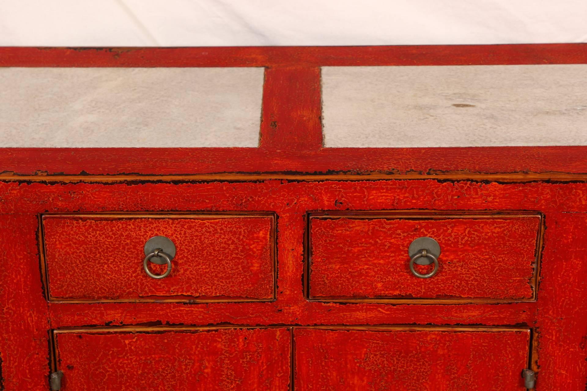 Chinese Export Red Lacquered Marble-Top Chinese Storage Cabinet