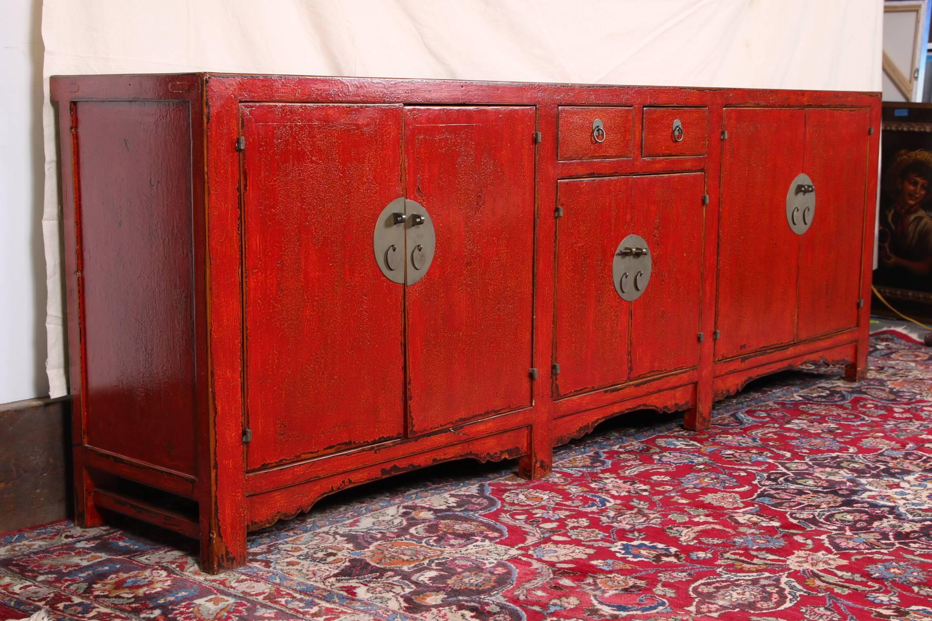 Red Lacquered Marble-Top Chinese Storage Cabinet In Good Condition In Bridgeport, CT