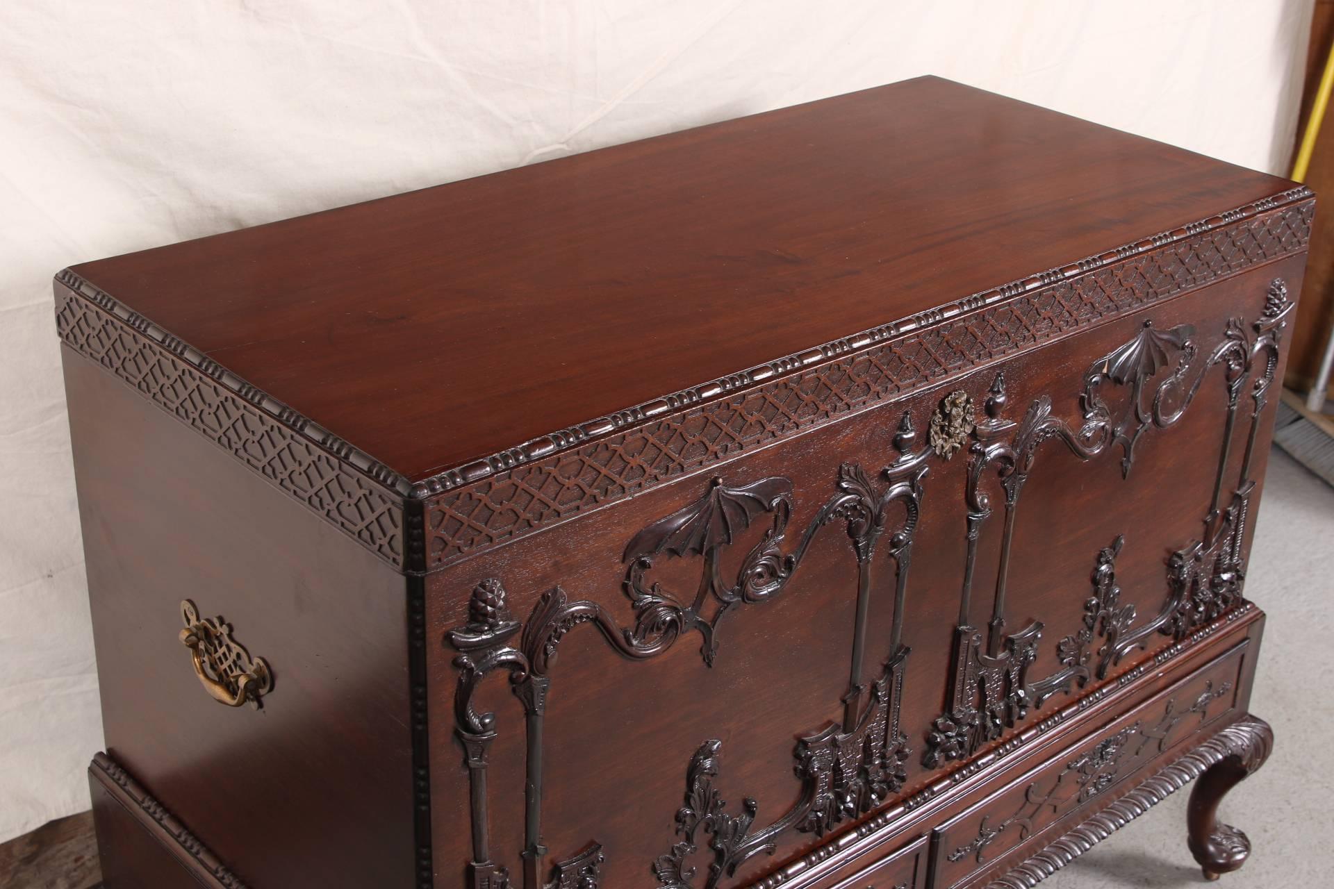 Carved Antique Chinese Chippendale Centennial Chest on Stand