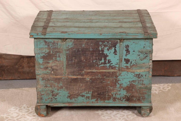 Antique Blue Painted Wood Trunk at 1stDibs