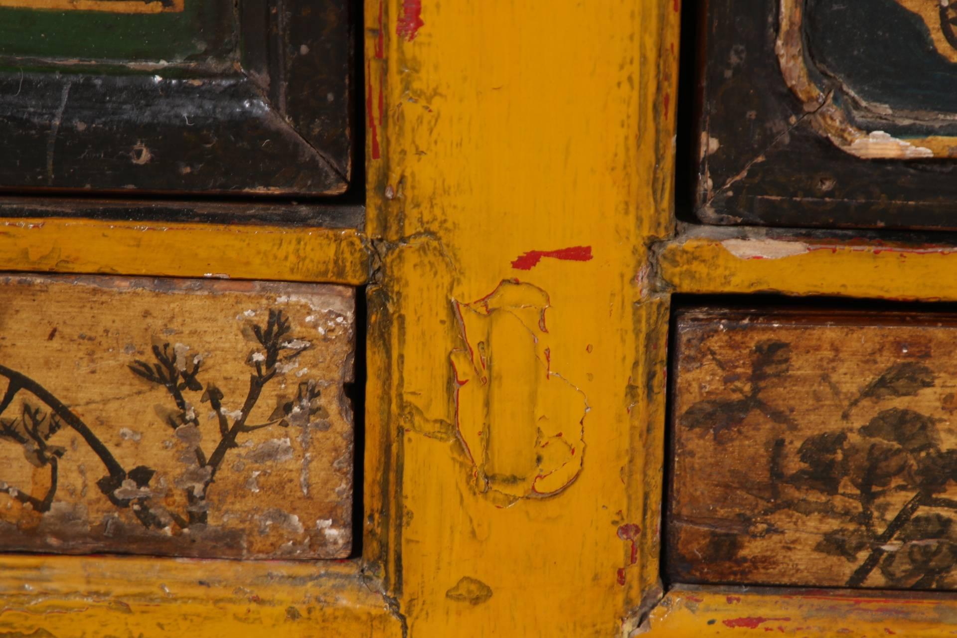 Wood Antique Chinese Yellow Paint Decorated Cabinet