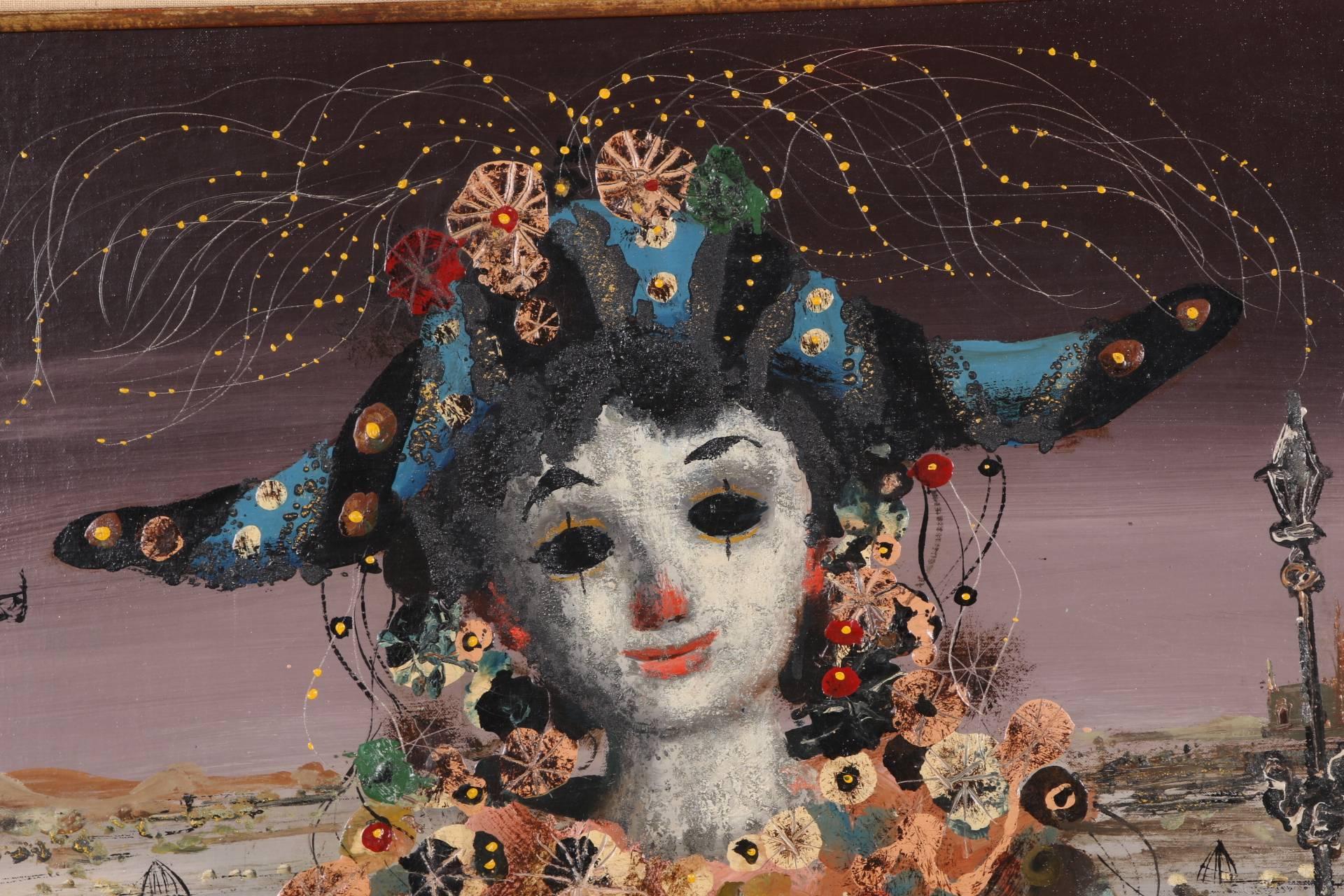 Mid-Century Modern Jean Calogero, peinture surréaliste de masques vénitiens en vente