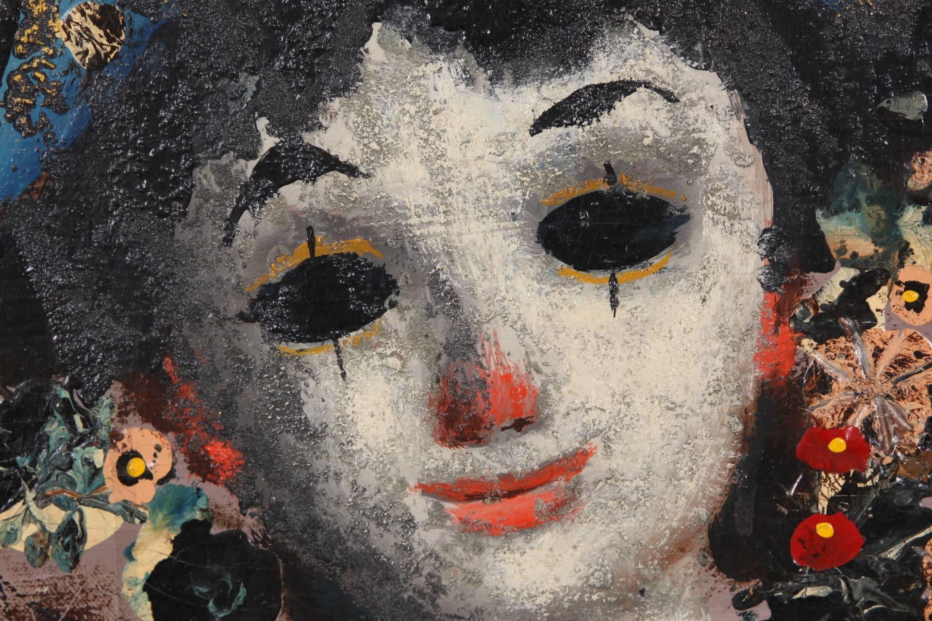 Mid-Century moderno Jean Calogero, Pittura fantasy surreale di maschere veneziane in vendita