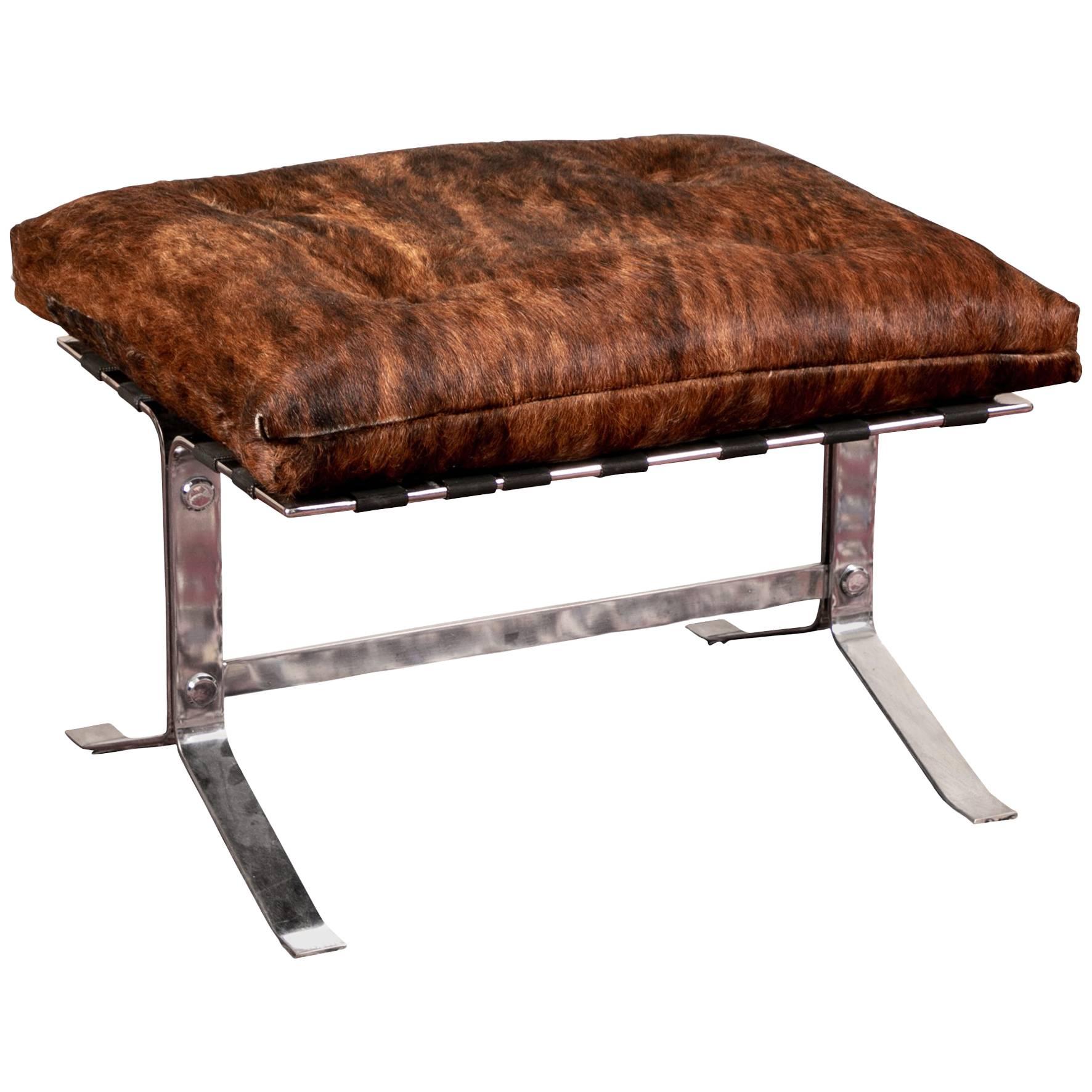 Modern Hide-Covered and Chrome Footstool For Sale