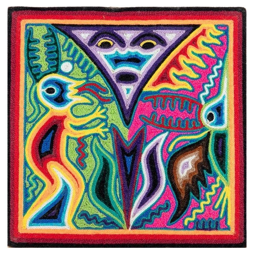 Striking Huichol Yarn Painting Signed By Artist Gabriel Bautista For Sale