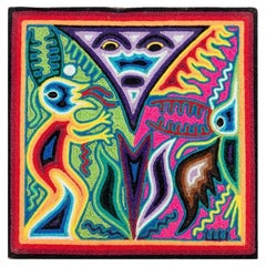 Antique Striking Huichol Yarn Painting Signed By Artist Gabriel Bautista