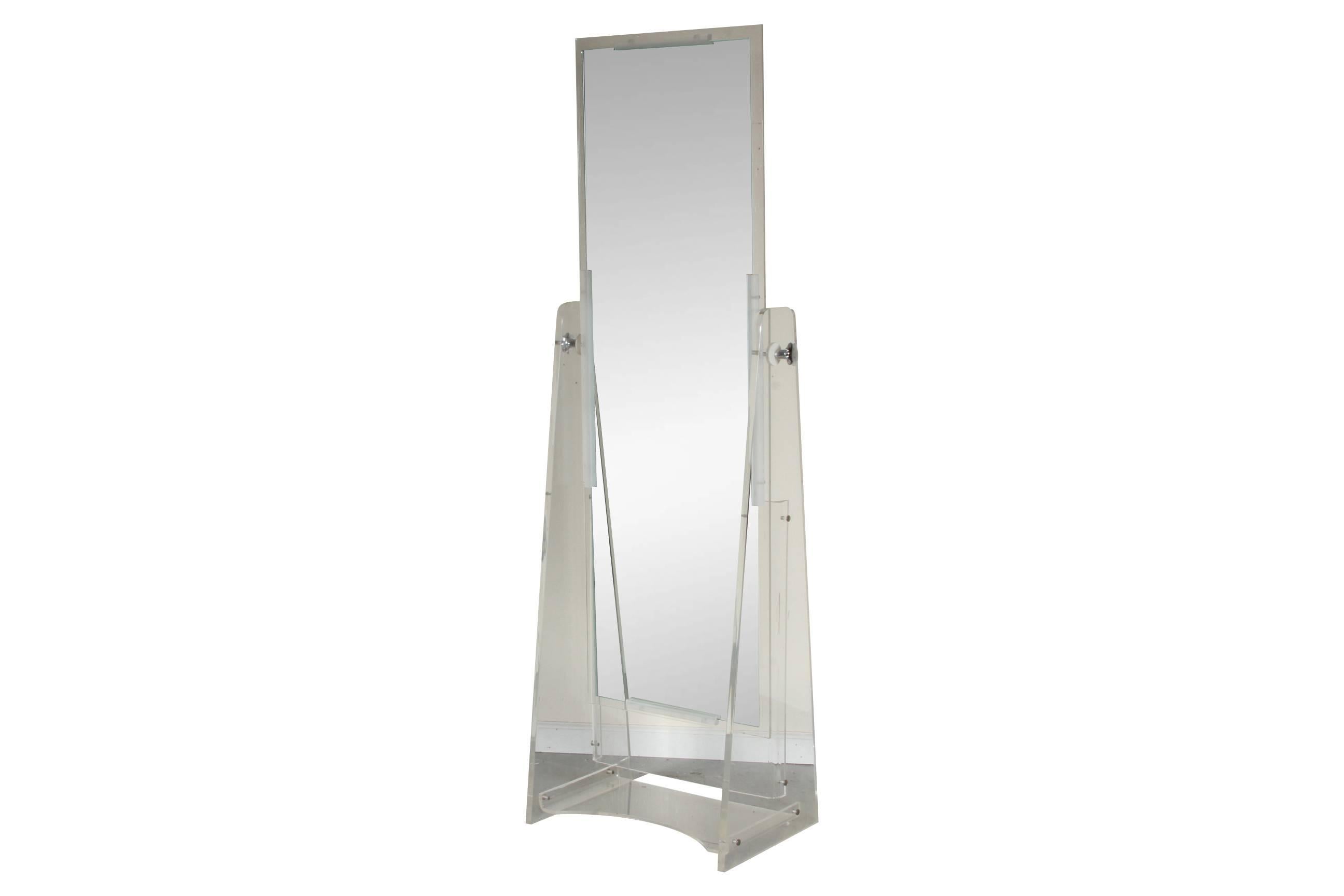 Phenomenal and rarely seen adjustable full length standing mirror in excellent vintage condition. Dating to the Mid-1970s, the mirror features thick, clear and frosted Lucite, good weight, quality hardware, a perfect reflection and unending drama!