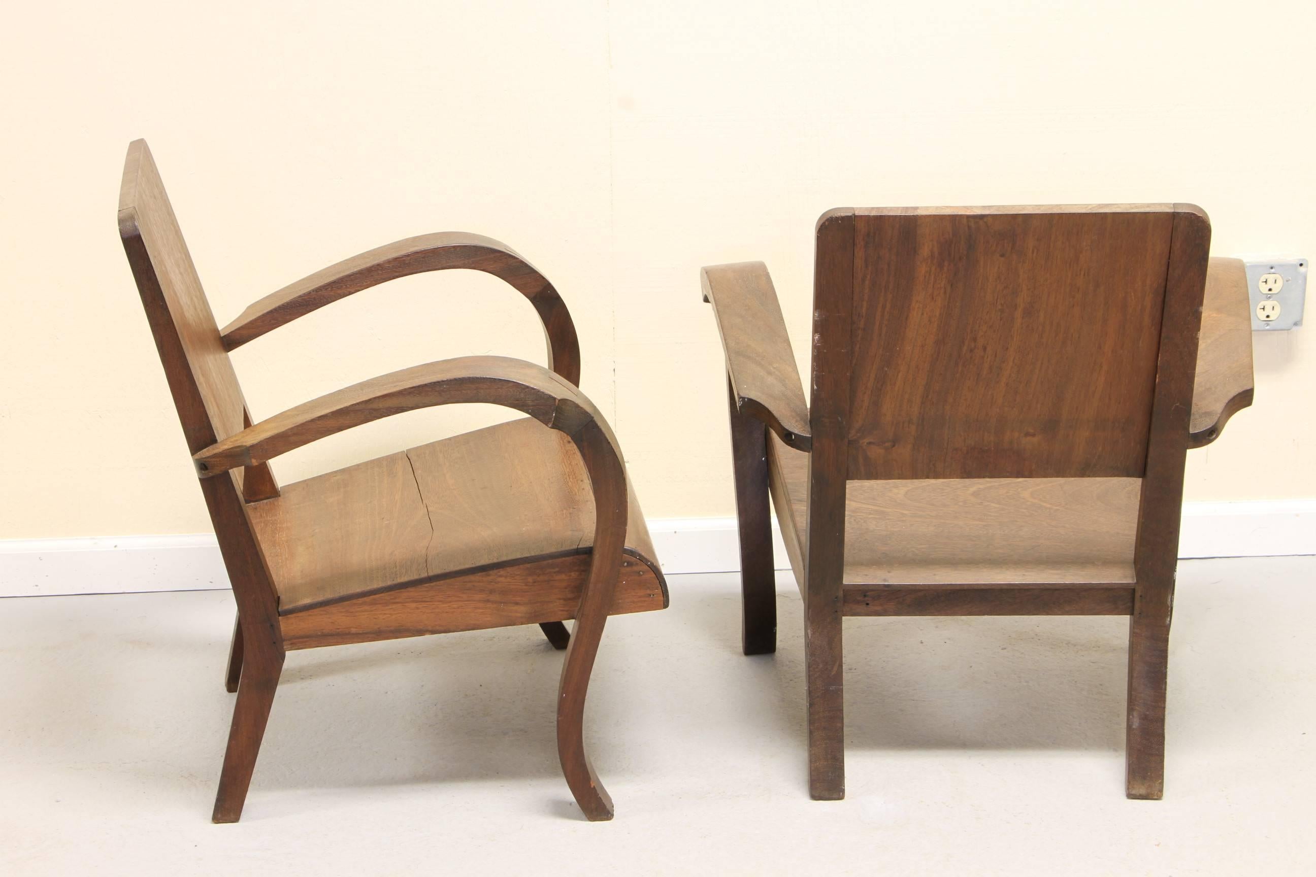 Mid-Century Modern Pair of Industrial Style Mahogany Armchairs