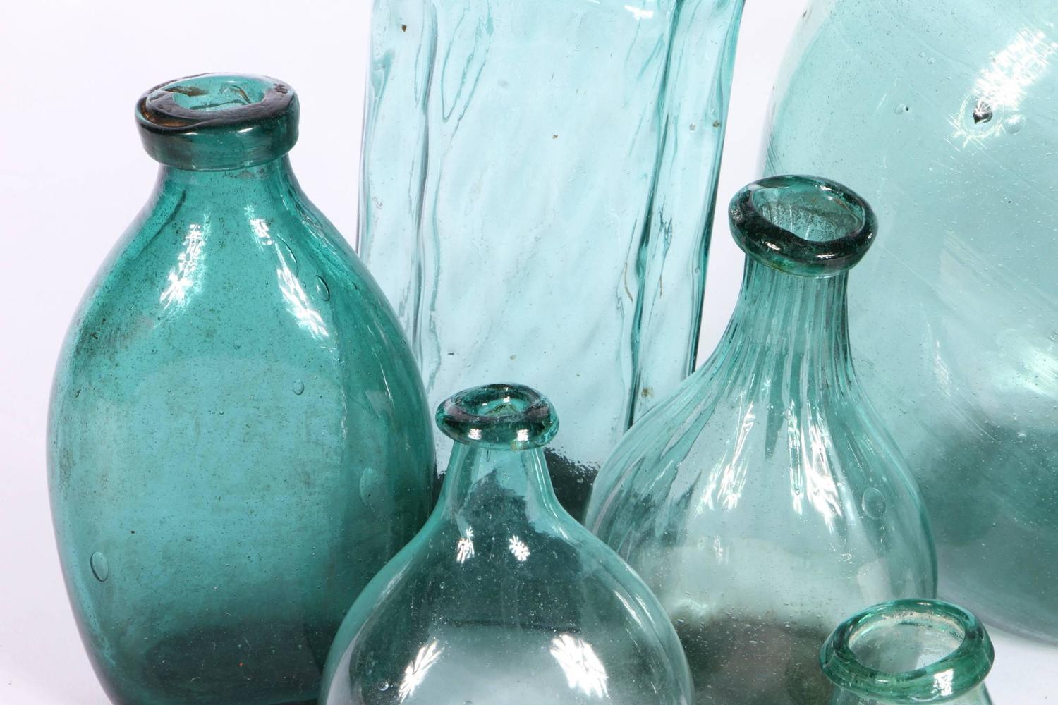 Collection of Eight 15th16th Century European Glass Bottles For Sale