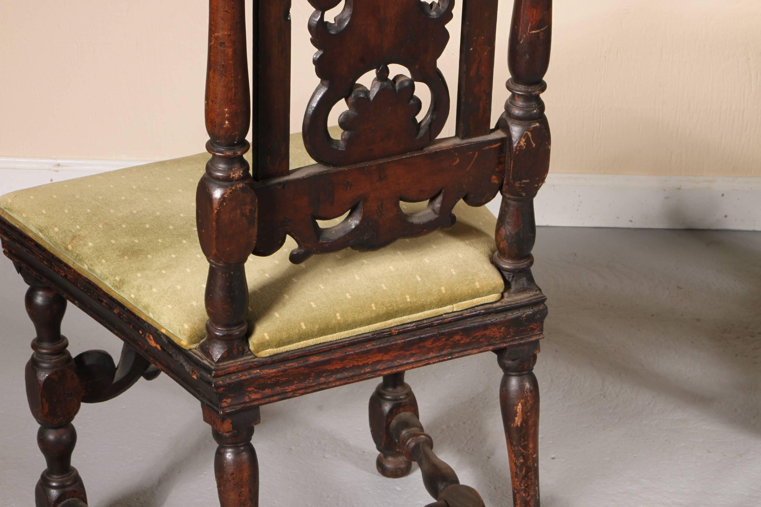 Carved Set of Four Early 18th Century Jacobean Side Chairs