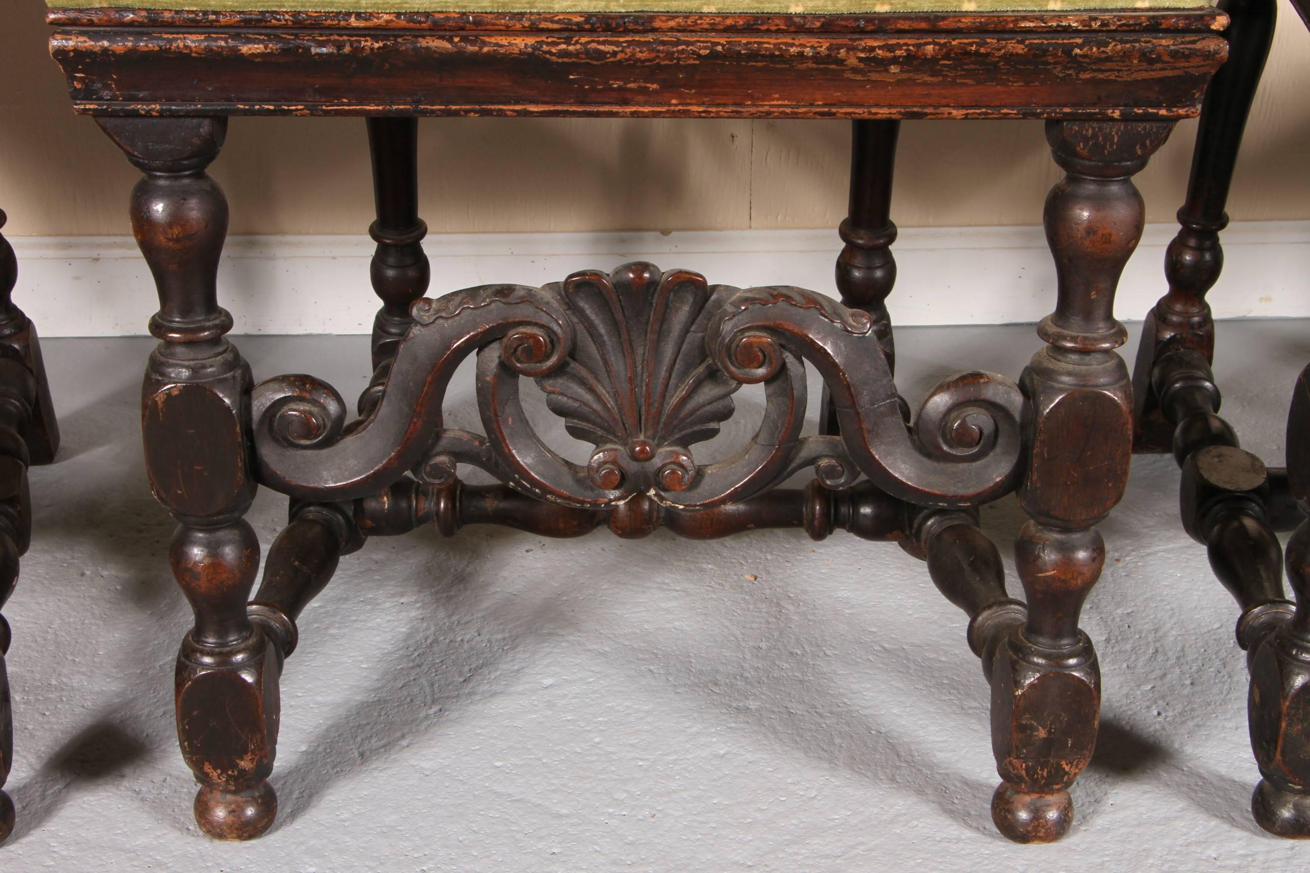 Walnut Set of Four Early 18th Century Jacobean Side Chairs