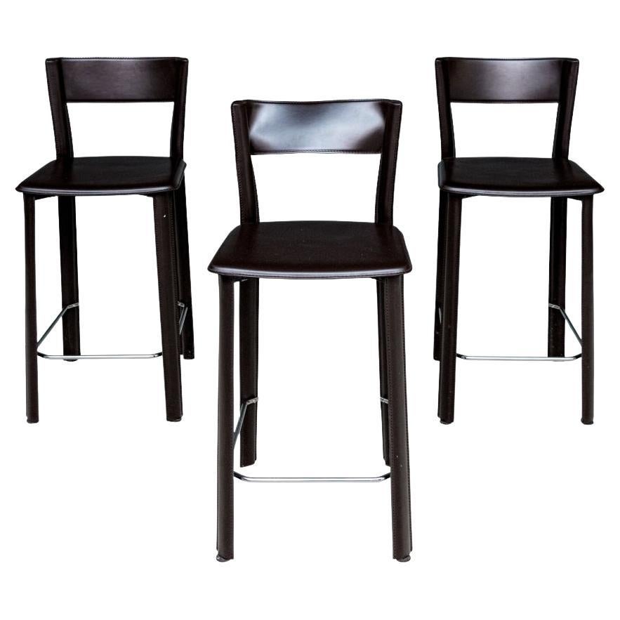 Set Of Three Stitched Leather Counter Stools By Frag Italy