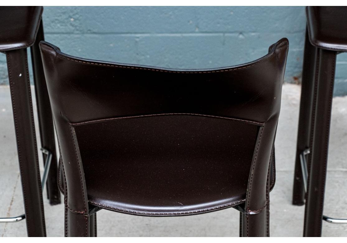 Mid-Century Modern Set Of Three Stitched Leather Counter Stools By Frag Italy For Sale