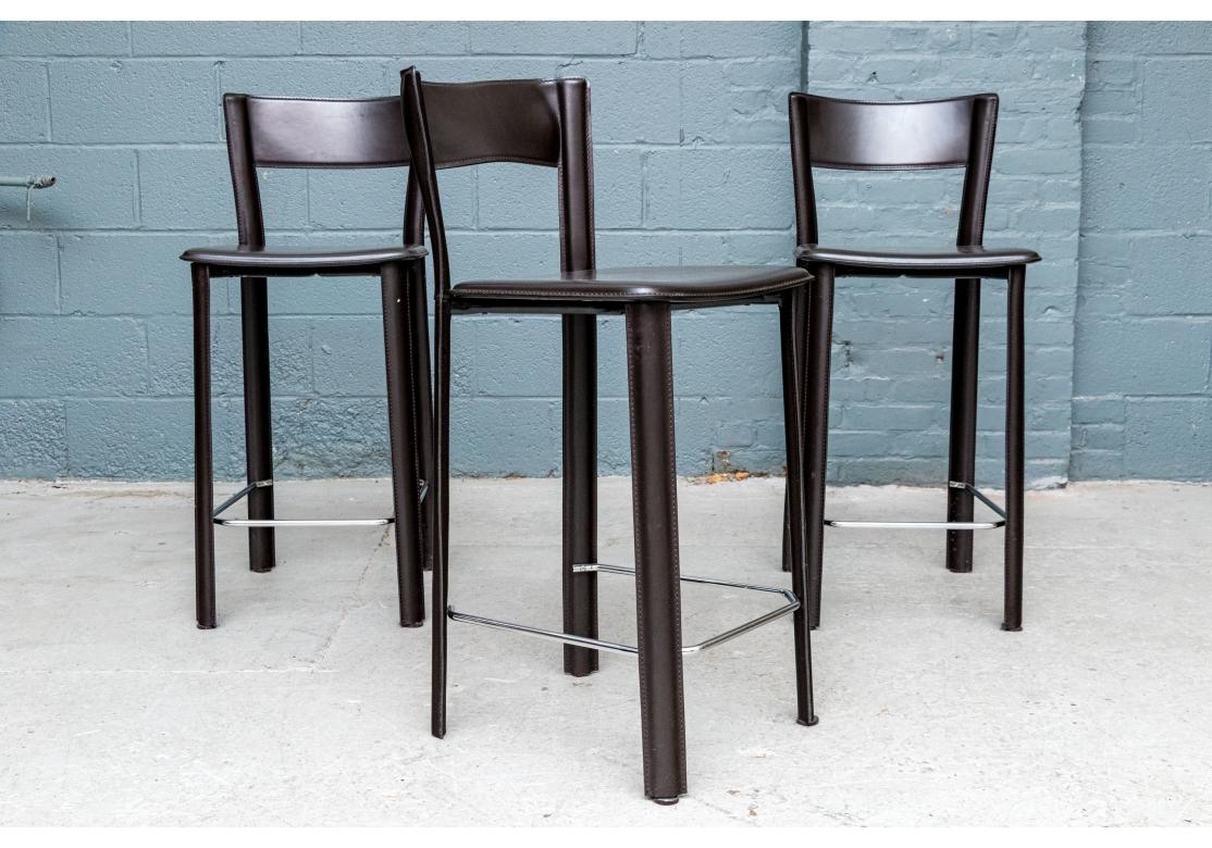 Set Of Three Stitched Leather Counter Stools By Frag Italy For Sale 3