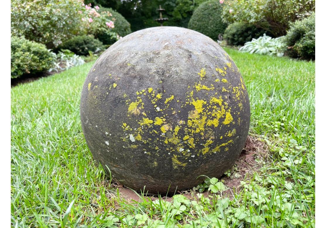 A very large carved Stone Garden Sphere with a great age patina. The finish has a fine smooth feel, weathering, lichens and great weight.  A perfect Garden Object for the landscape. 

Dimensions: 14” diameter. 

Condition: Please see detail photos.