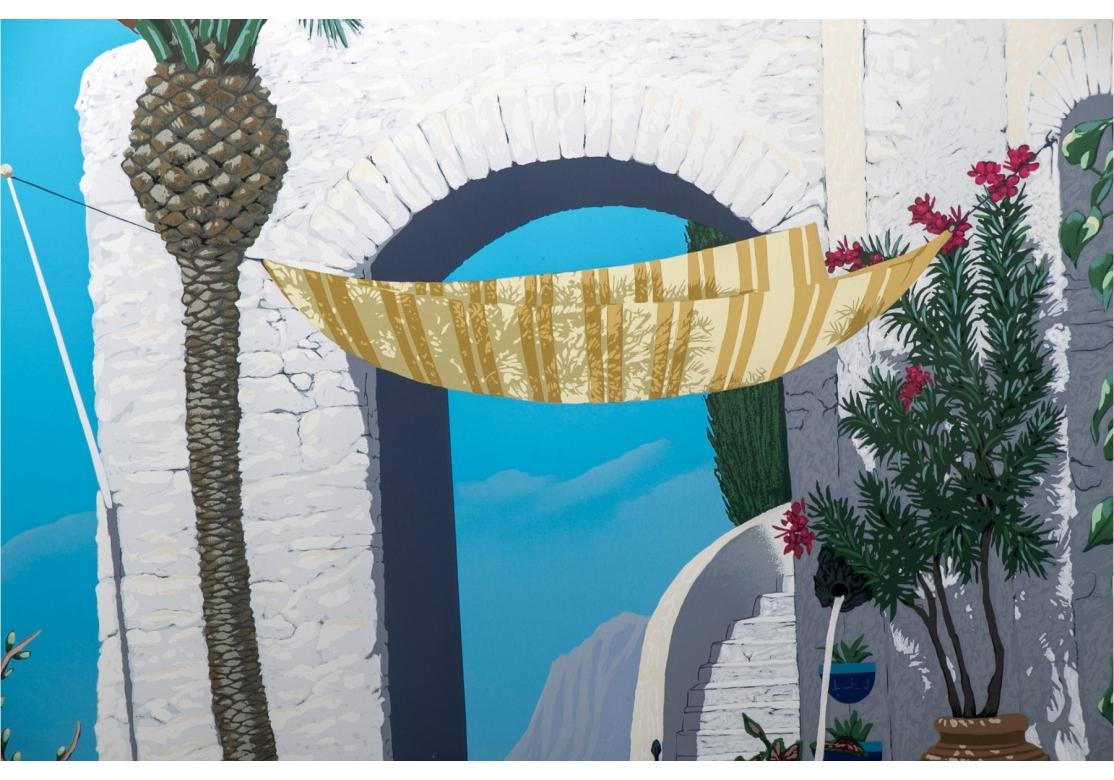 Die Serigrafie des Künstlers John Kiraly aus Florida mit dem Titel Midday at Madame Ada's zeigt einen schönen Lounge-Bereich im Freien. Rechts unten mit Bleistift signiert und links unten nummeriert 60/275. In einem schwarzen Rahmen montiert und
