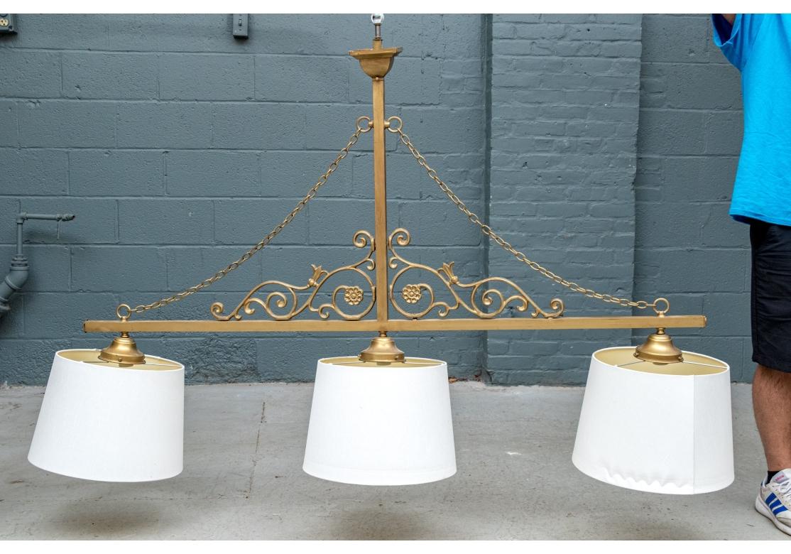 Large Three Light Linear Pendant Chandelier With Shades For Sale 7