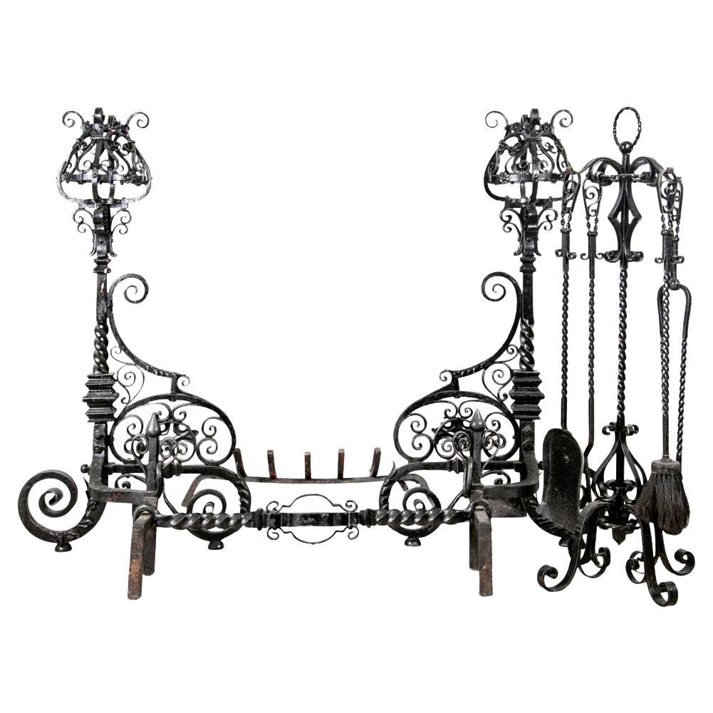 Elaborate Scrolled  Set Of Andirons, Log Holder And Fire Tools For Sale