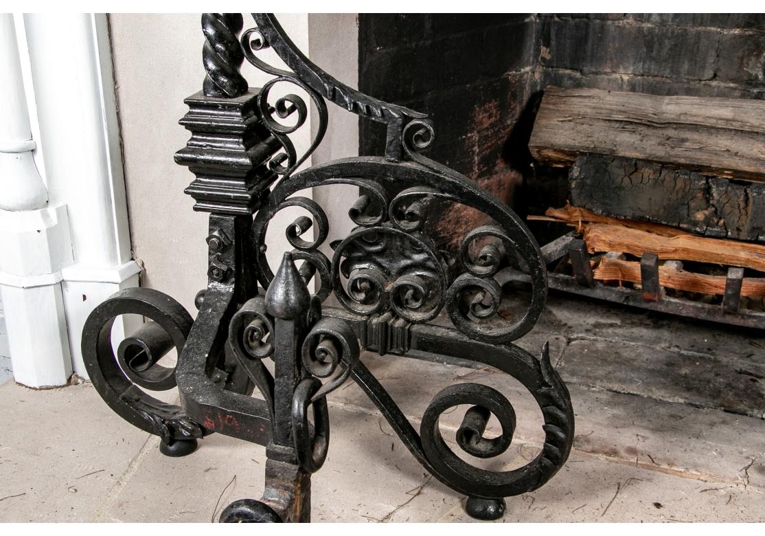 20th Century Elaborate Scrolled  Set Of Andirons, Log Holder And Fire Tools For Sale