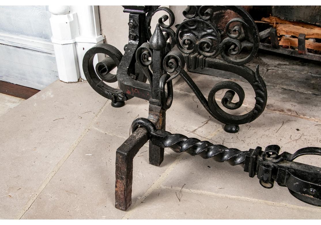 Elaborate Scrolled  Set Of Andirons, Log Holder And Fire Tools For Sale 5