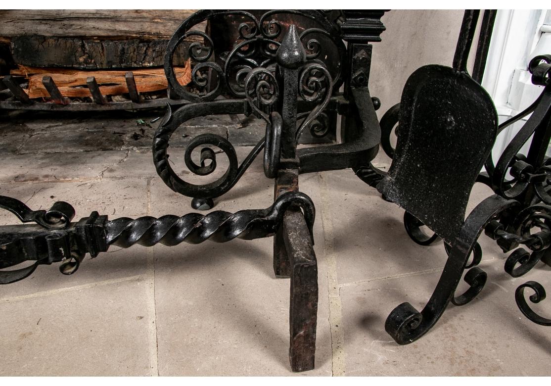 Elaborate Scrolled  Set Of Andirons, Log Holder And Fire Tools For Sale 2