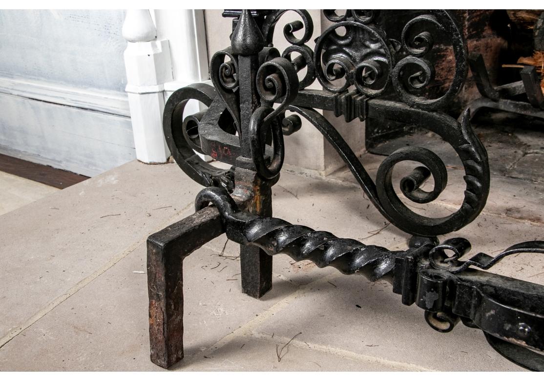 Elaborate Scrolled  Set Of Andirons, Log Holder And Fire Tools For Sale 9
